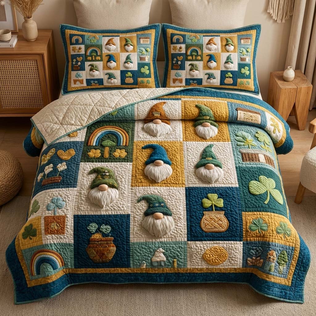 Shamrock Gnomes Quilted Bedding Set Best Sheet Sets St Patrick's Day Gifts