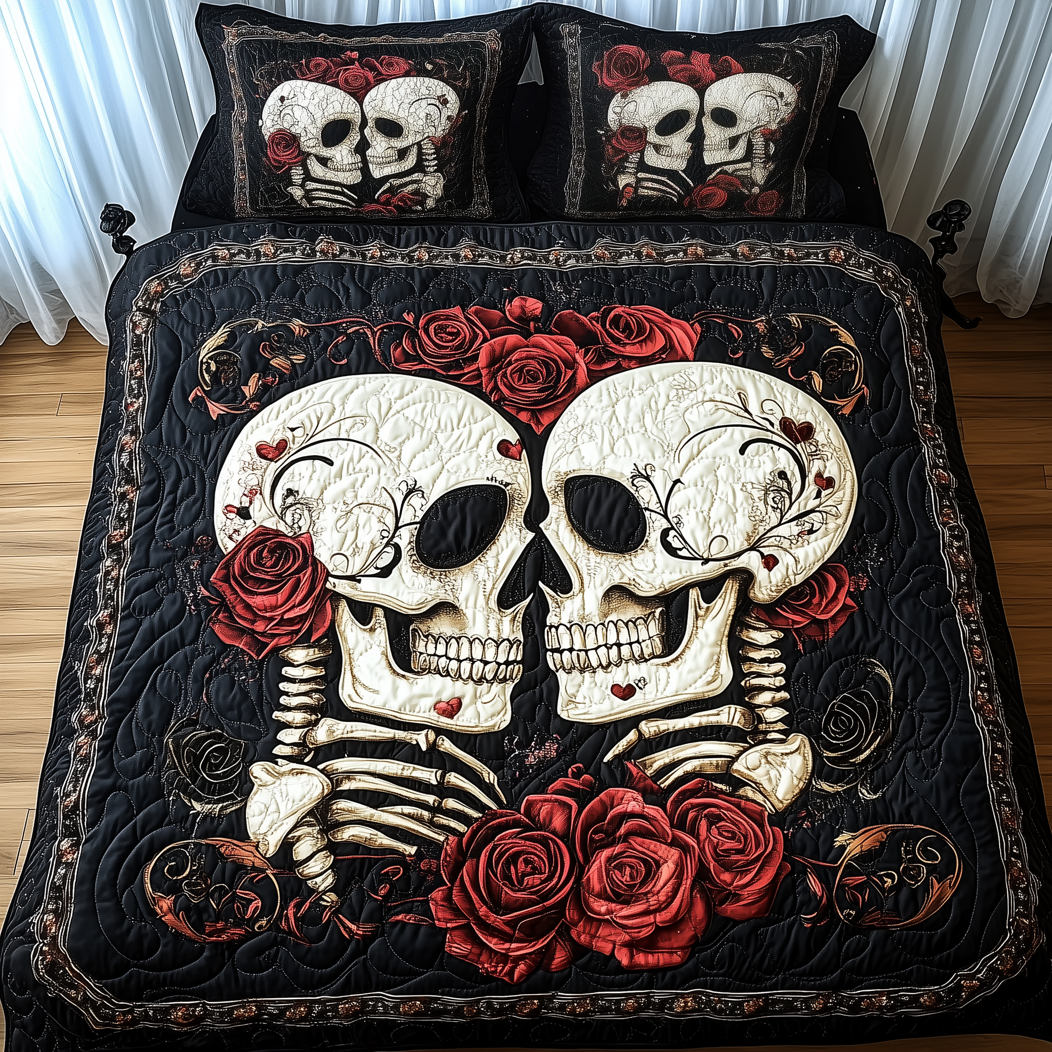 Skull Couple Quilted Bedding Set Unusual Bed Sheets Skull Gifts For Her