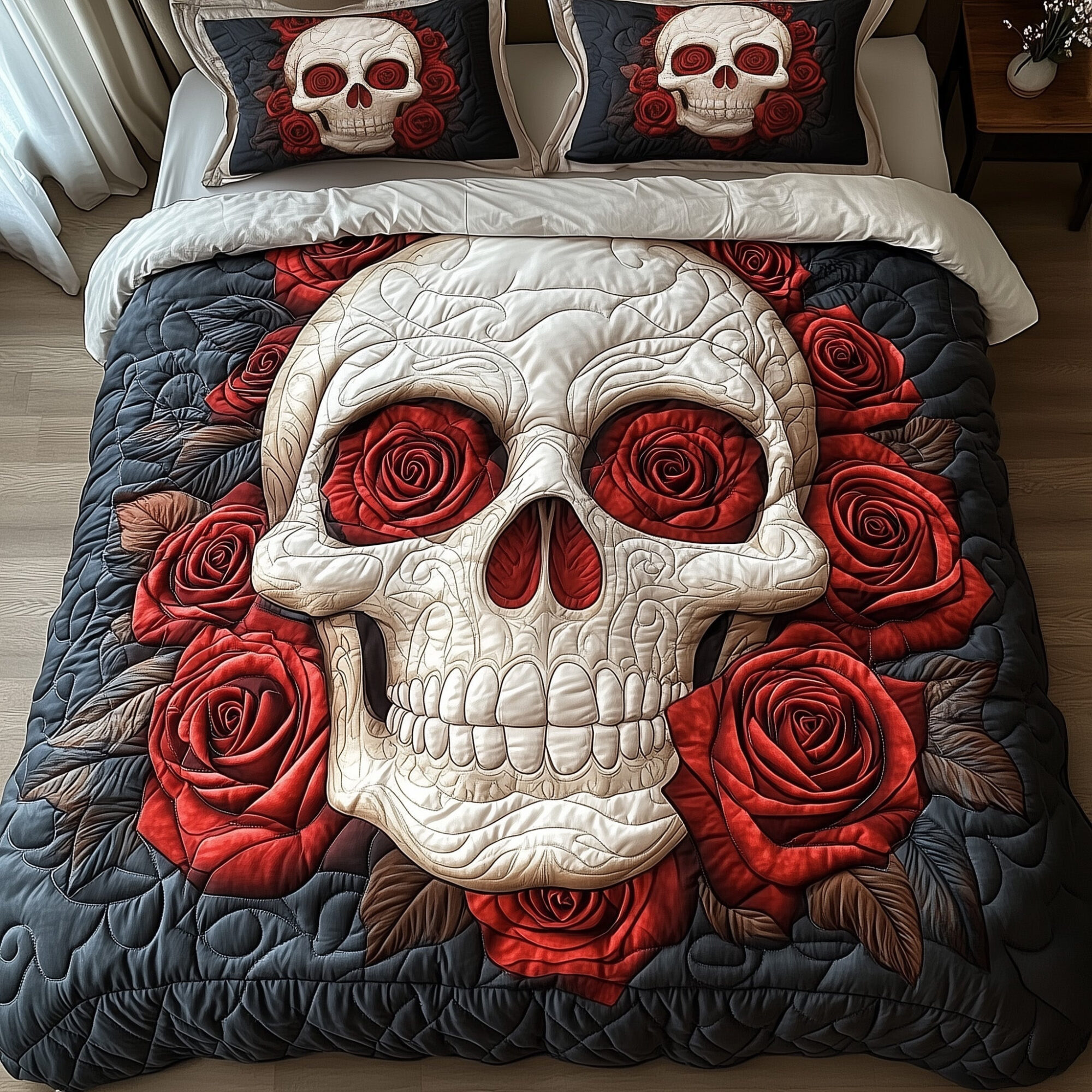 Skull With Roses Quilted Bedding Set White Skull With Roses Happy Halloween Design Gift Ideas