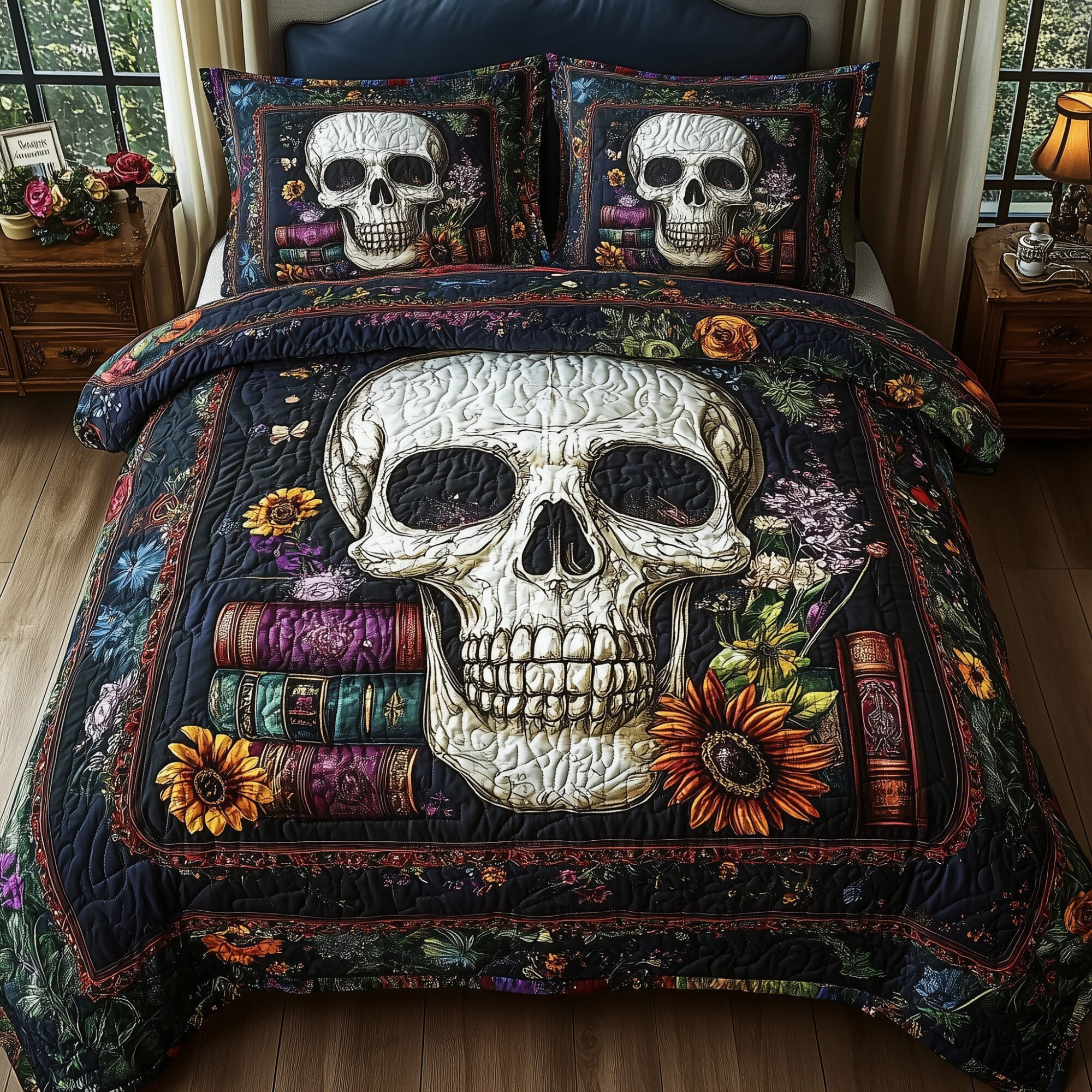 Skulls Library Quilted Bedding Set Book And Skull Decor Haunted Bedding Theme Gifts