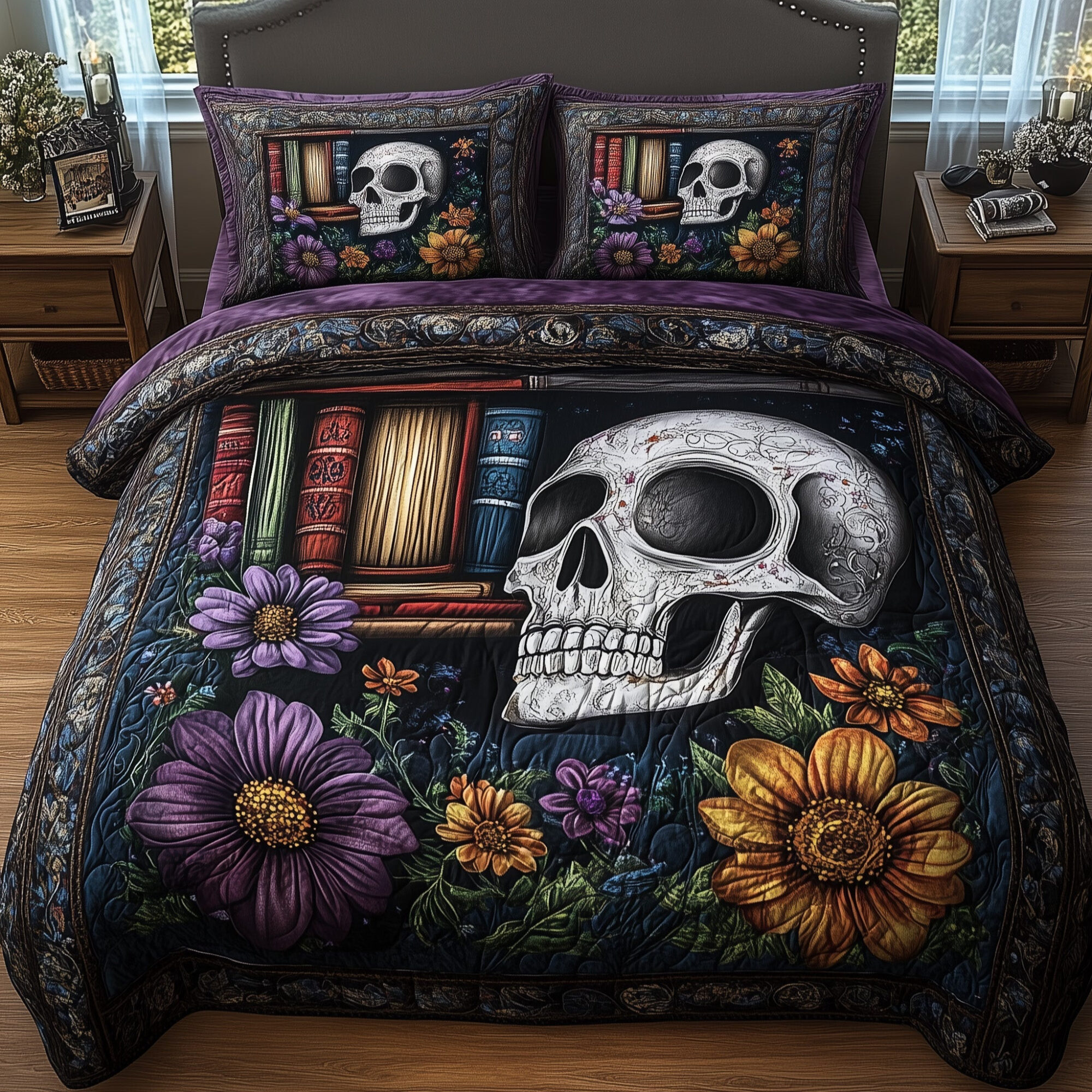 Skulls Library Quilted Bedding Set Scary Skull Bookshelf Decor Unique Halloween Bedding Gifts