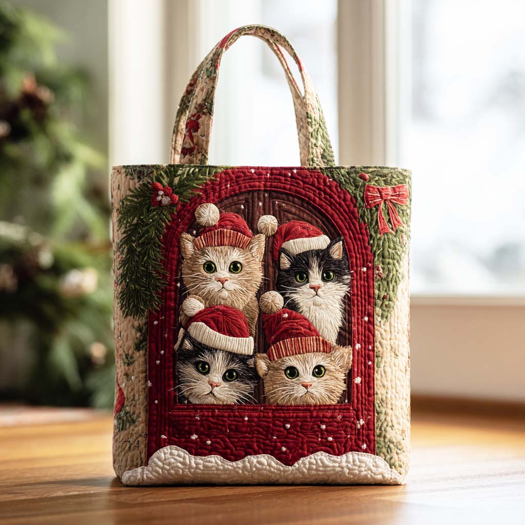 Sleigh Cat Quilted Tote Bag Shoulder Handbag Best Cat Christmas Gifts