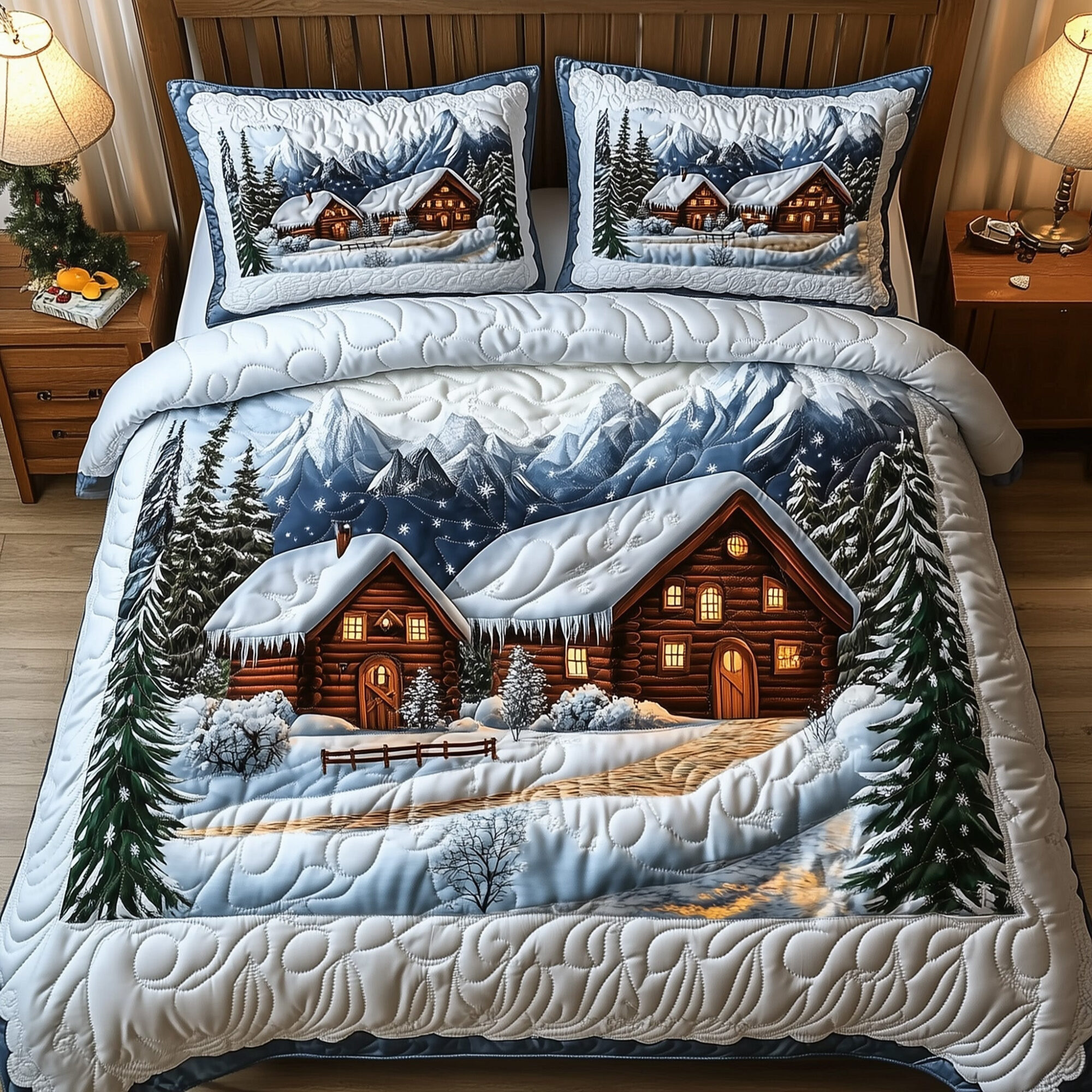 Snow Cabin Quilted Bedding Set Christmas Winter Cabin Unique Cozy Xmas Bedroom Gift
