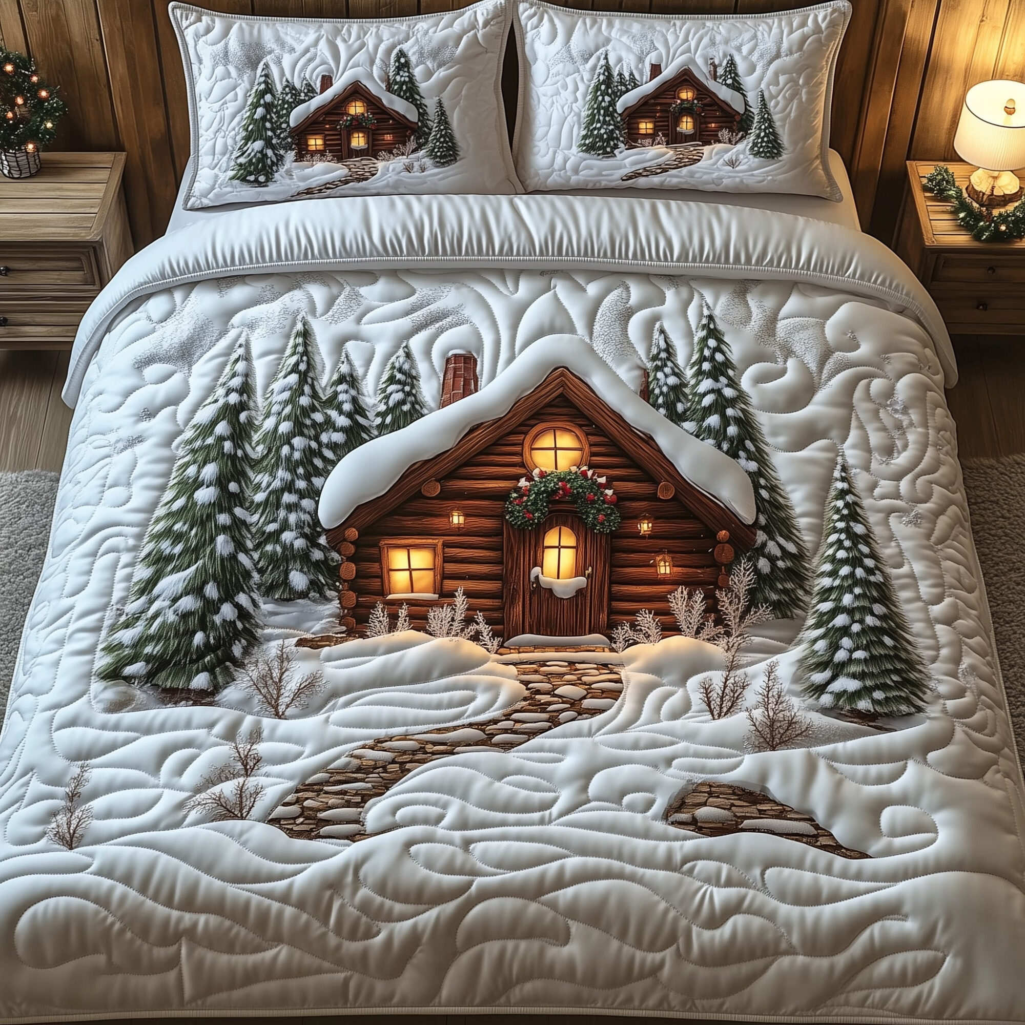 Snow Cabin Quilted Bedding Set Cozy Winter Cabin Unique Christmas Bedroom Gift Ideas