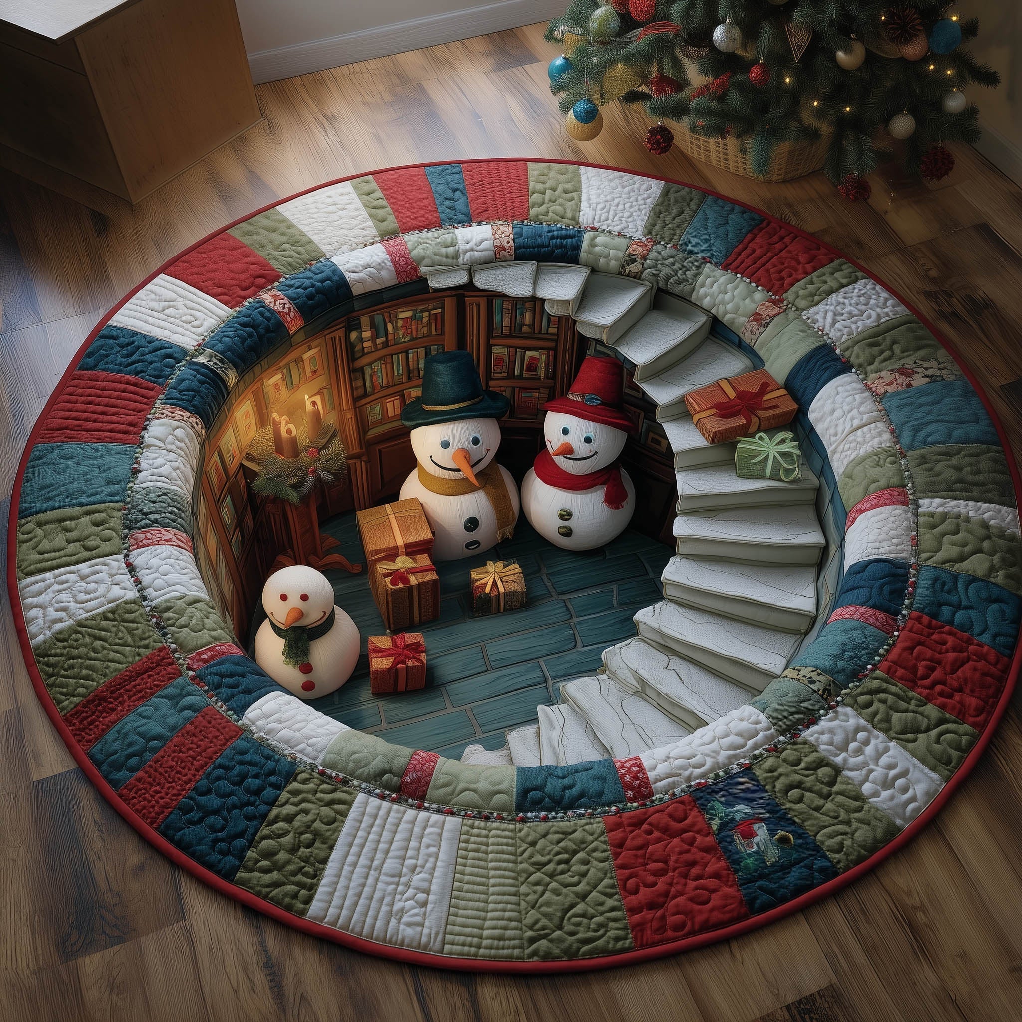 Snowman Book Nook Quilted Round Mat Beautiful Quilted Round Mat Gift for Loved Ones