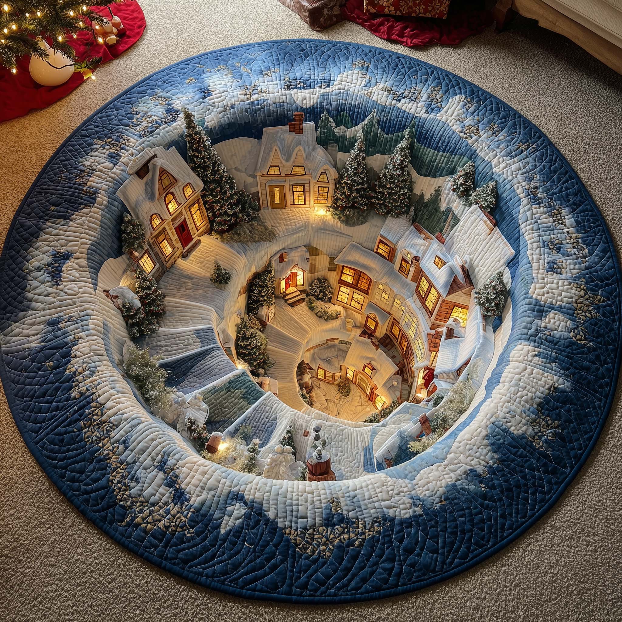 Snowman Spiral Village Quilted Round Mat Cozy Quilted Round Mat for Warm Ambiance