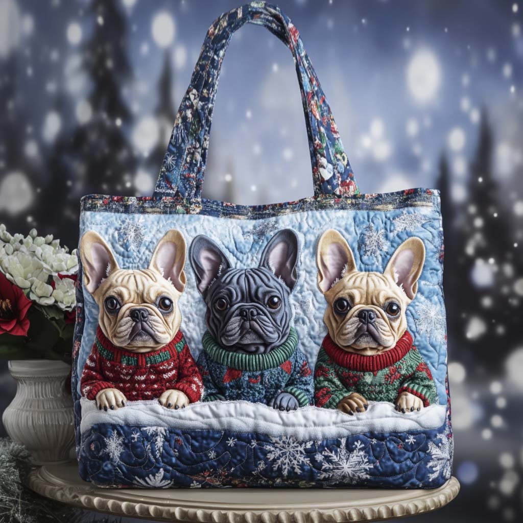 Snowy Bat Ears Quilted Tote Bag Popular Totes French Bulldog Owner Gifts