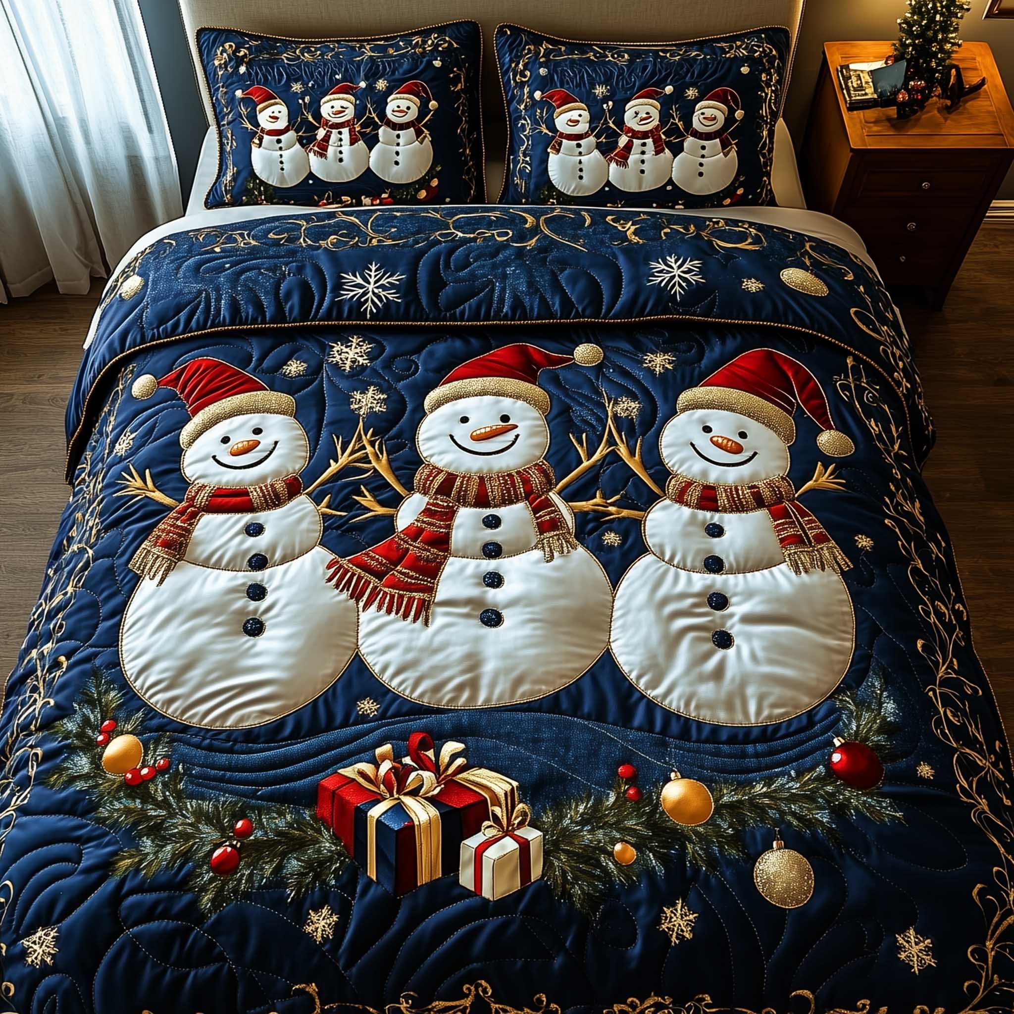 Snowy Companions Quilted Bedding Set Christmas Quilt Sets Christmas Presents For Mum