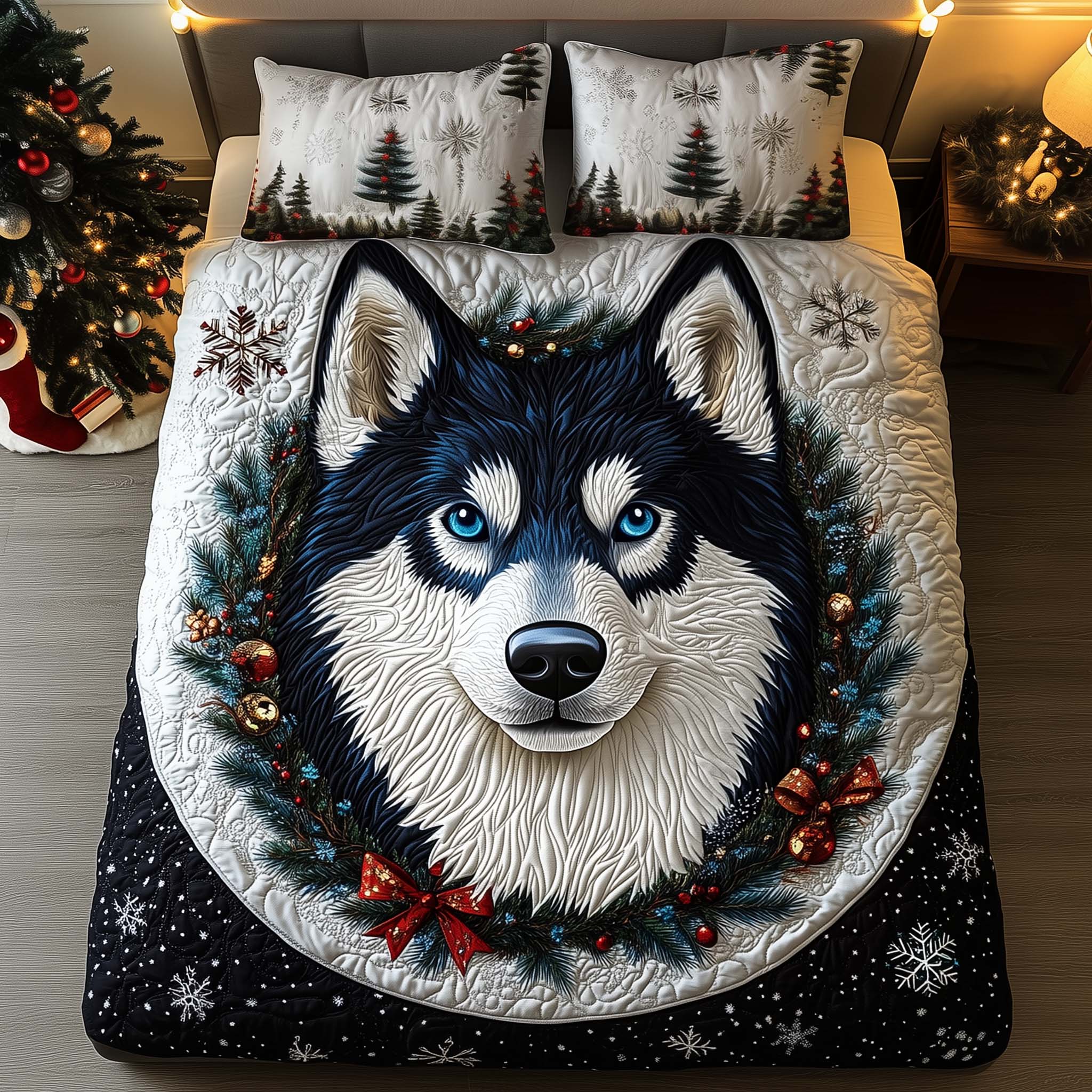 Snowy Husky Quilted Bedding Set Christmas Room Decor Ideas Suggestions For Family Christmas Gifts