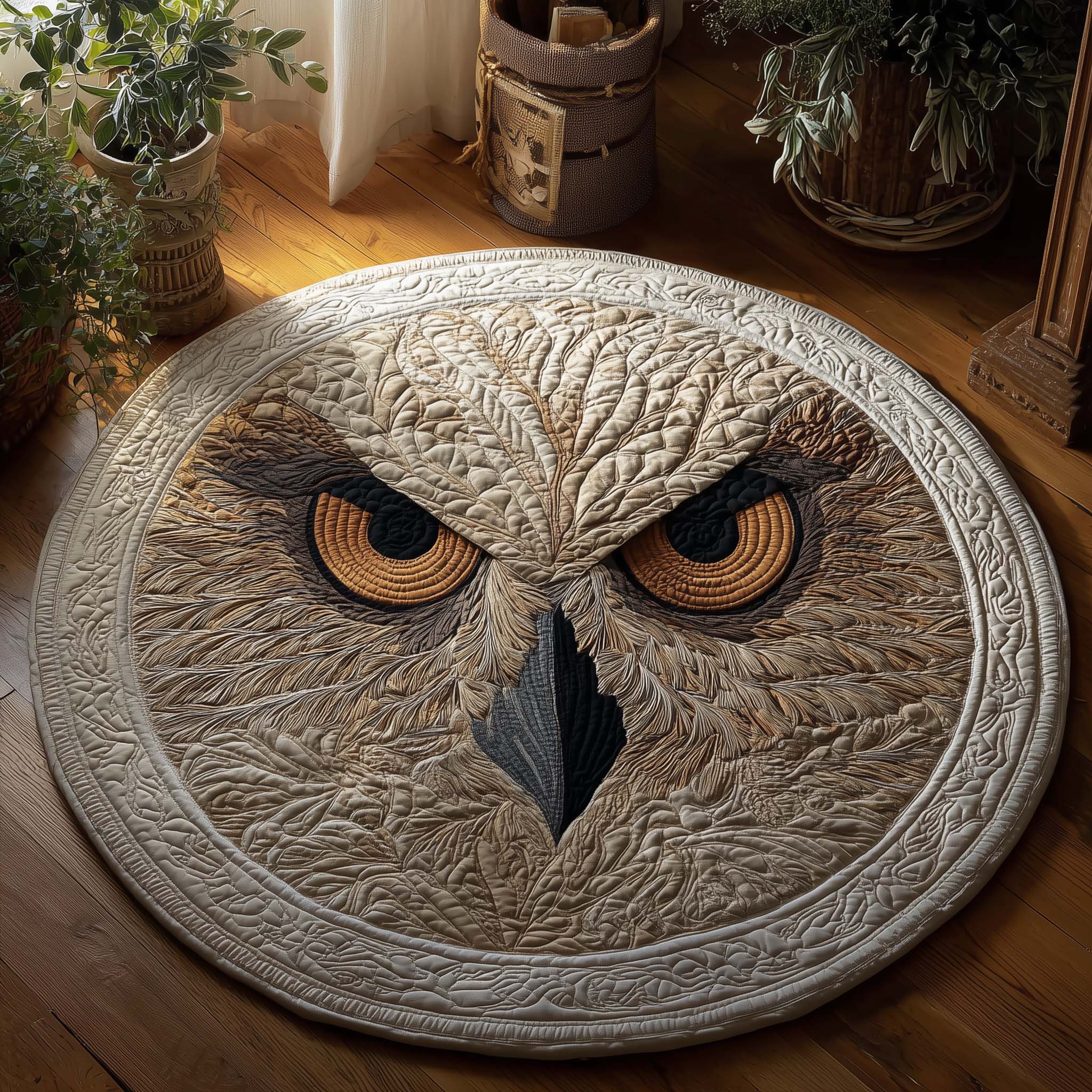 Snowy Owl Quilted Round Mat High-Quality Quilted Round Mat for Soft Comfort