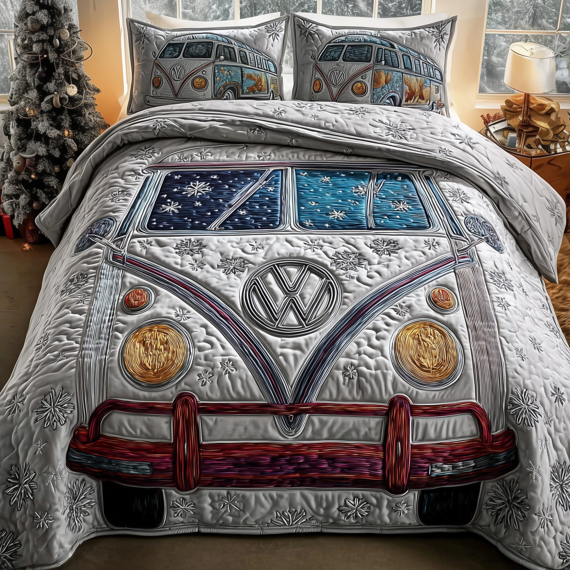 Snowy Road Quilted Bedding Set Christmas Hippie Van Festival Bedding Decor Gifts