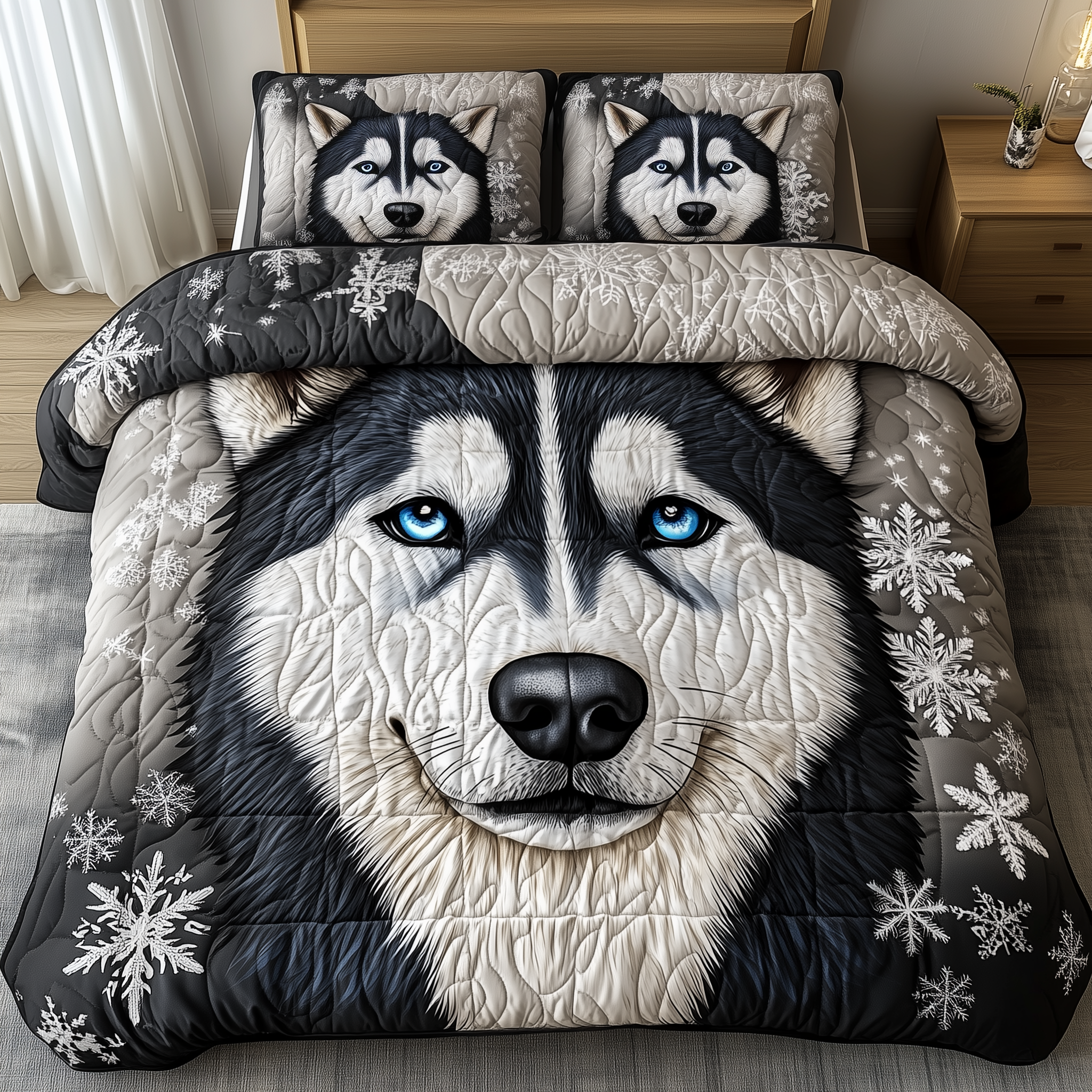 Snowy Siberian Guardian Quilted Bedding Set Unusual Bed Sheets Top Gifts For Dog Owners