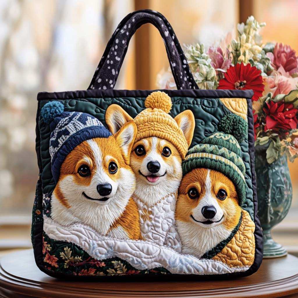 Snowy Smiles Quilted Tote Bag High Quality Totes Corgi Christmas Presents