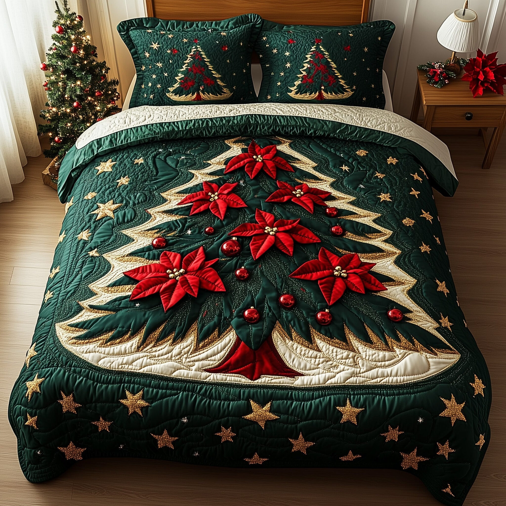 Snowy Village Quilted Bedding Set Festive Snow Scene Decor Cool Xmas Bedding Ideal Gifts