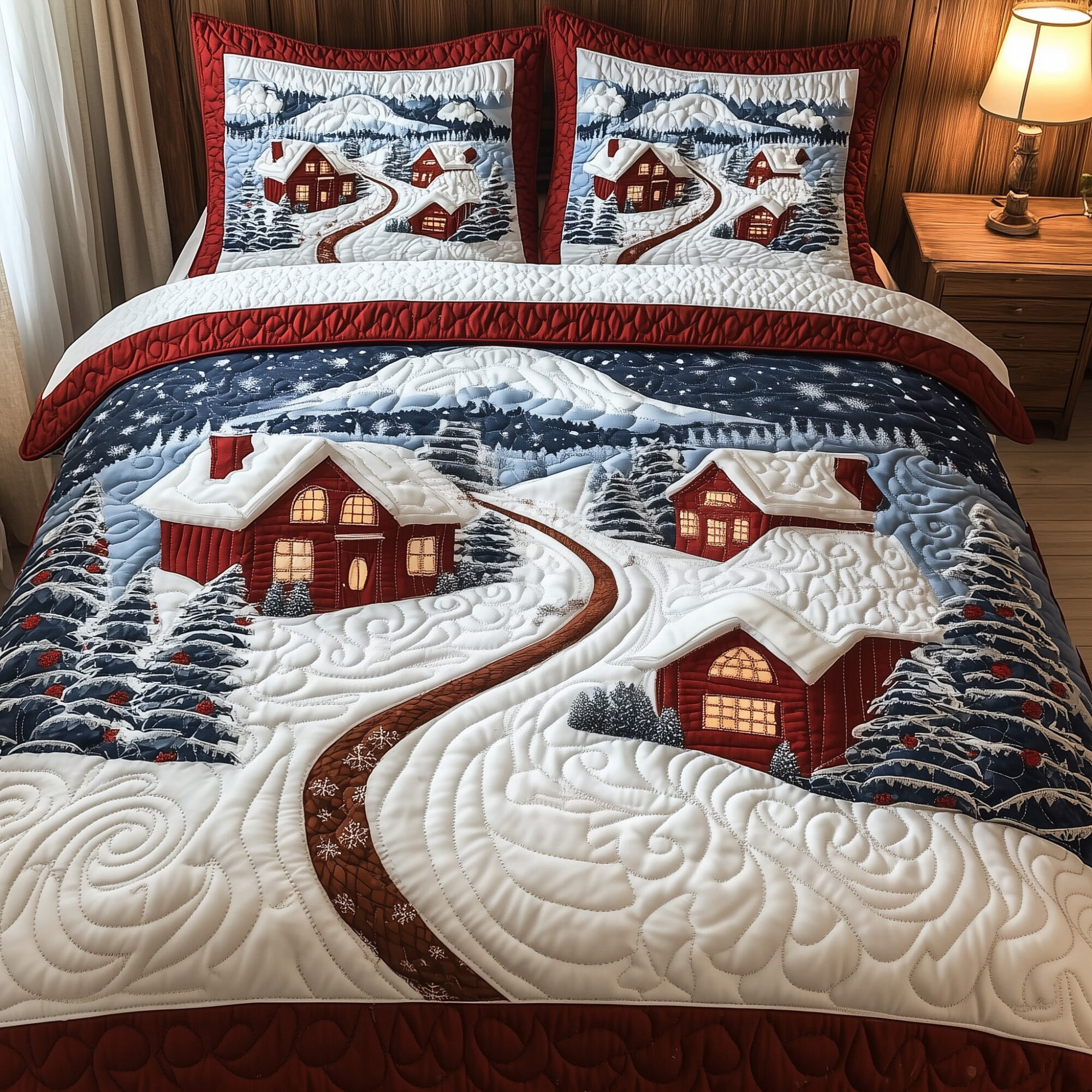 Snowy Village Quilted Bedding Set Festive Snow Scene Decor Great Xmas Bedding Gifts