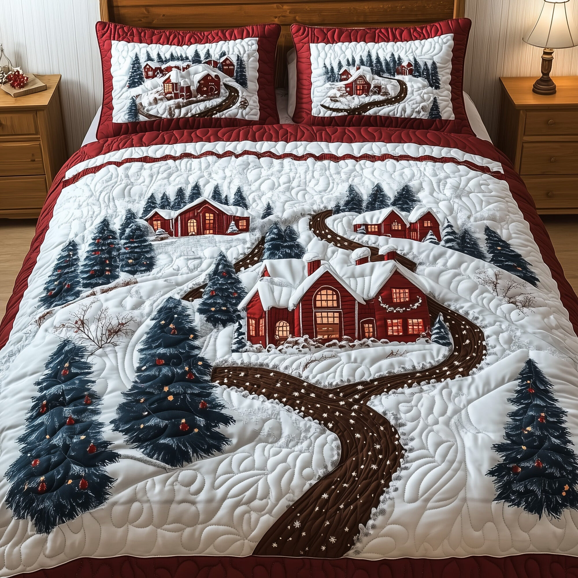 Snowy Village Quilted Bedding Set Winter Village Bedding Great Xmas Gift Ideas
