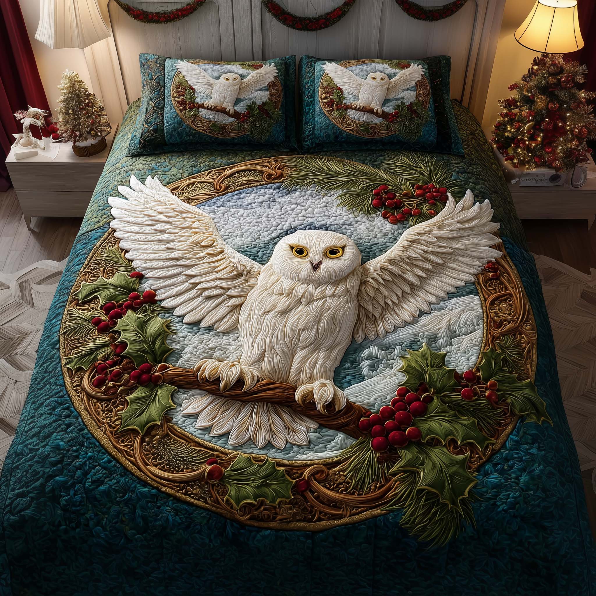 Snowy Wings Quilted Bedding Set Santa Duvet Cover Owl Presents For Her
