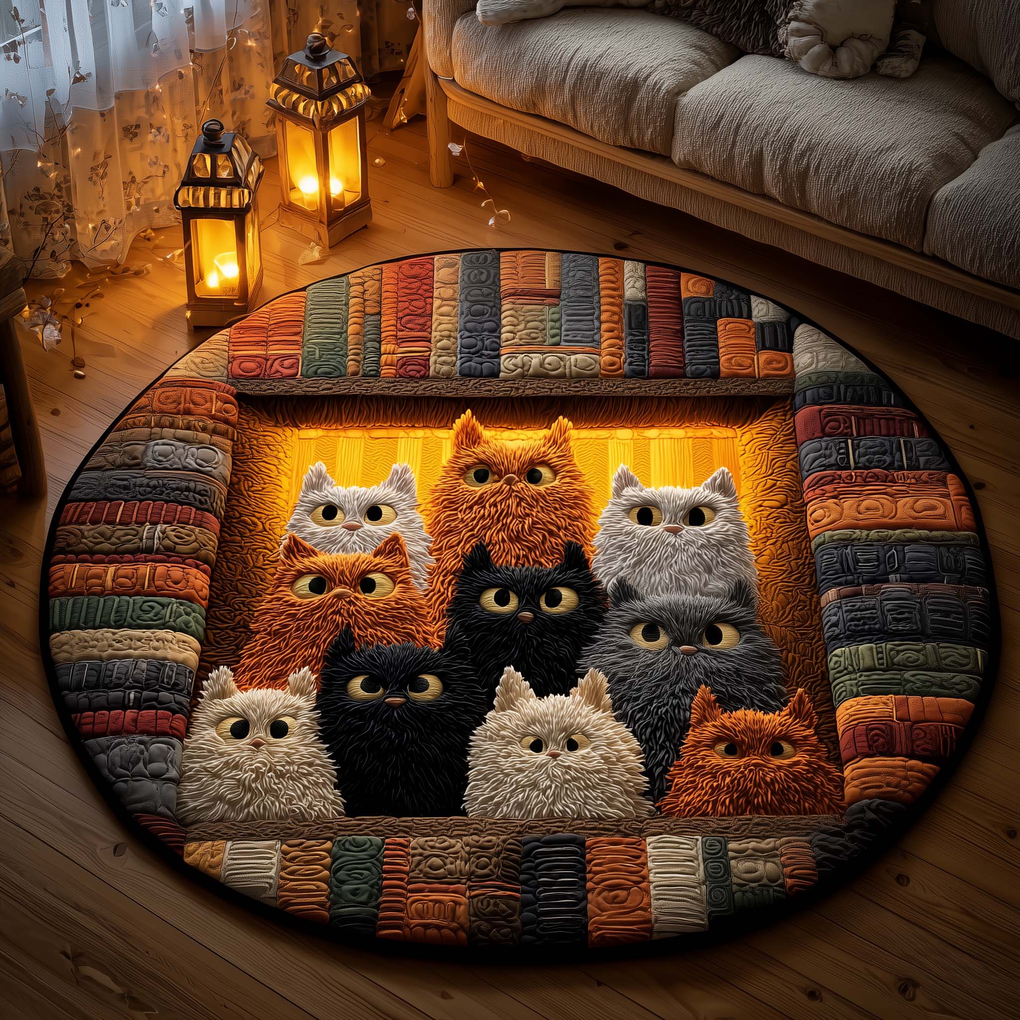 Snuggle Cat Quilted Round Mat Soft Cotton Quilted Round Mat for Daily Comfort