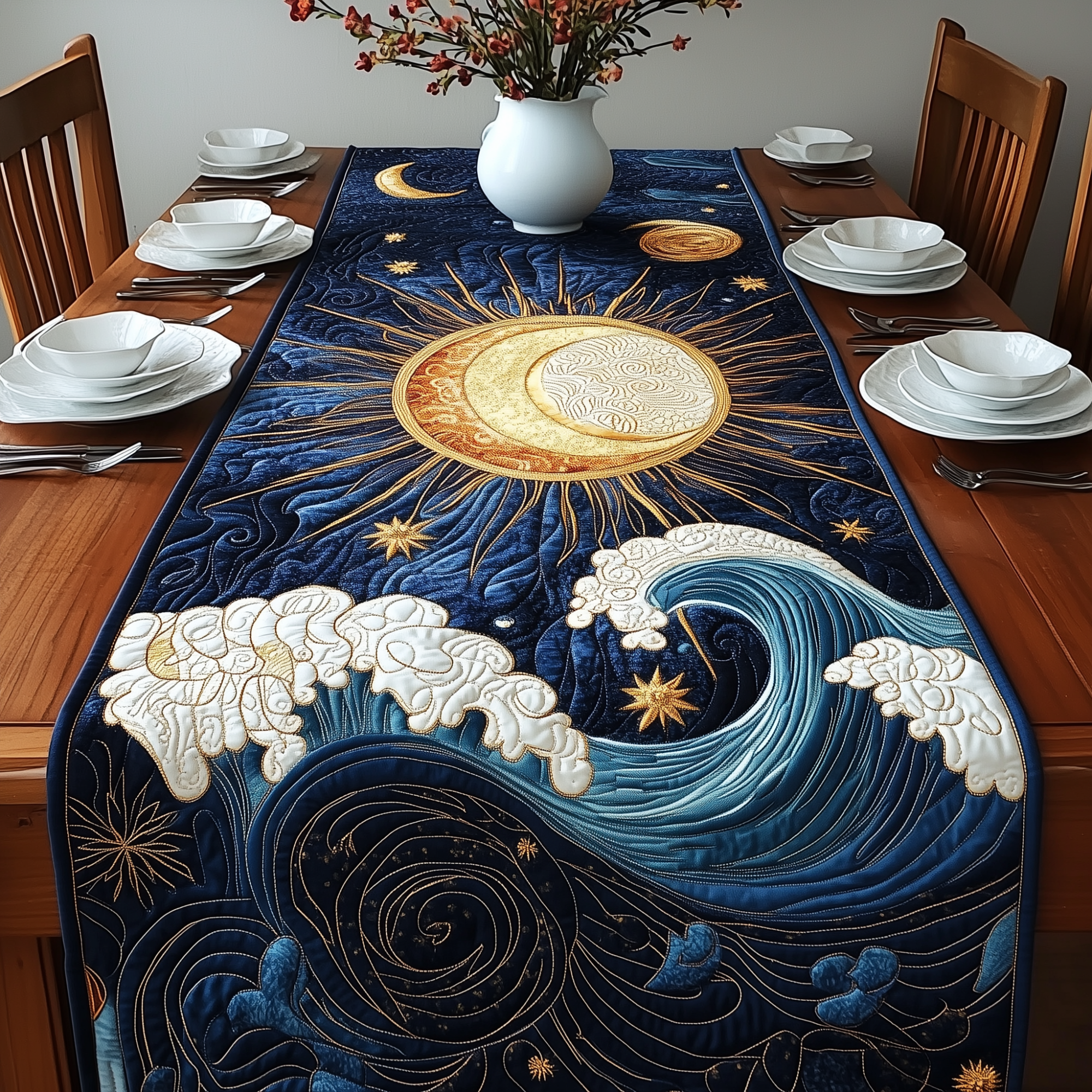 Sound Of Ocean Quilted Table Runner Long Dining Table Runner Moms Day Gift Ideas