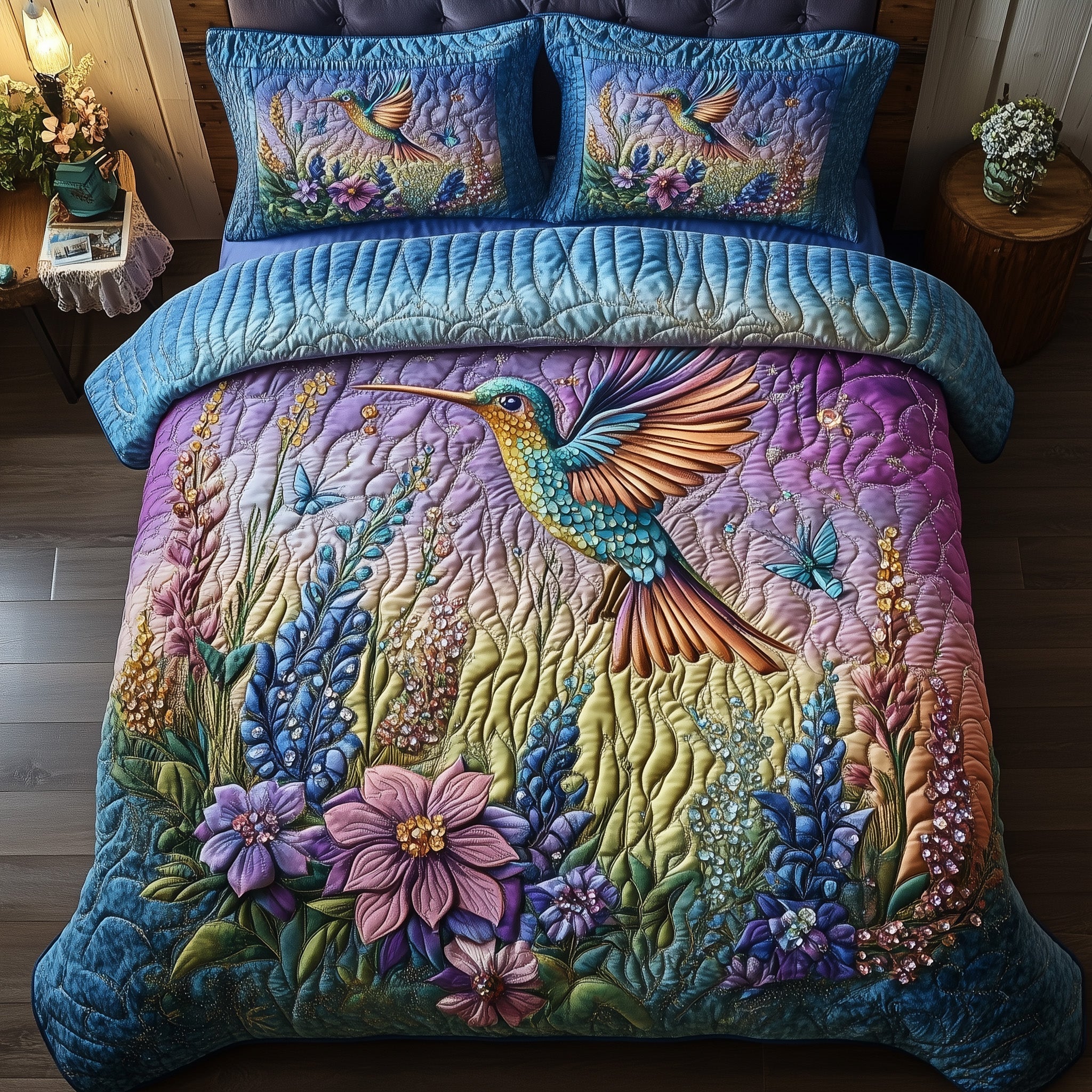 Sparkling Hummingbird Quilted Bedding Set Bedroom Room Decor Gifts For Hummingbird Lovers