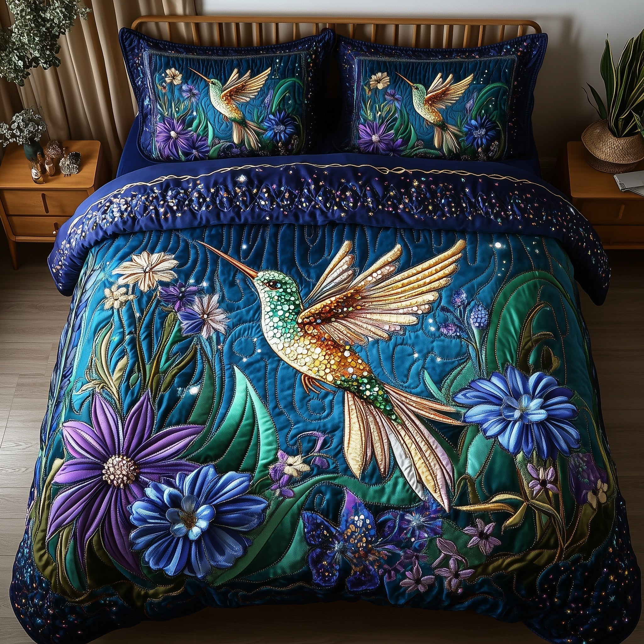 Sparkling Hummingbird Quilted Bedding Set Queen Bed Set Hummingbird Gifts For Him