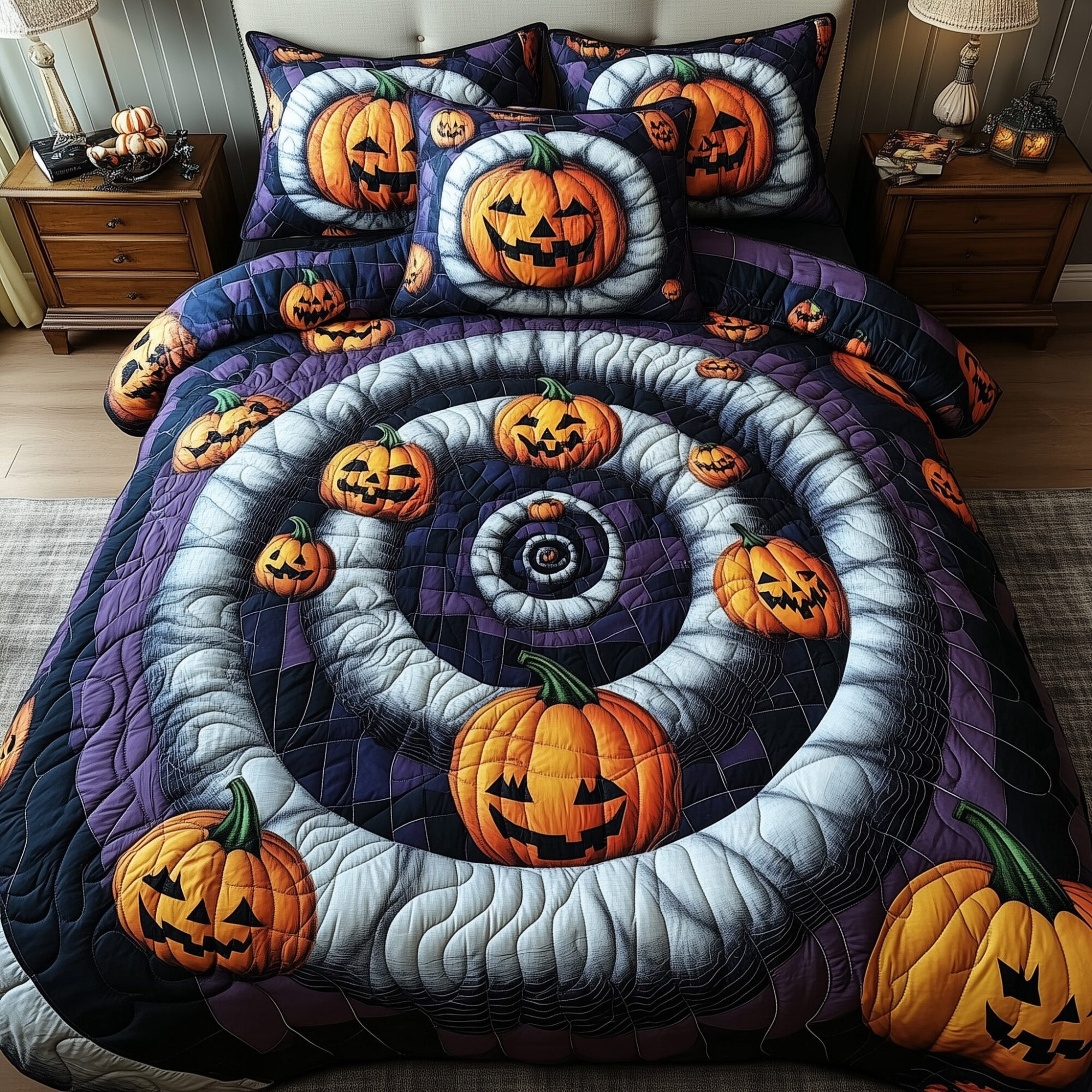 Spooky Illusion Quilted Bedding Set Haunted Pumpkin Spiral Decor Best Bedding Gifts