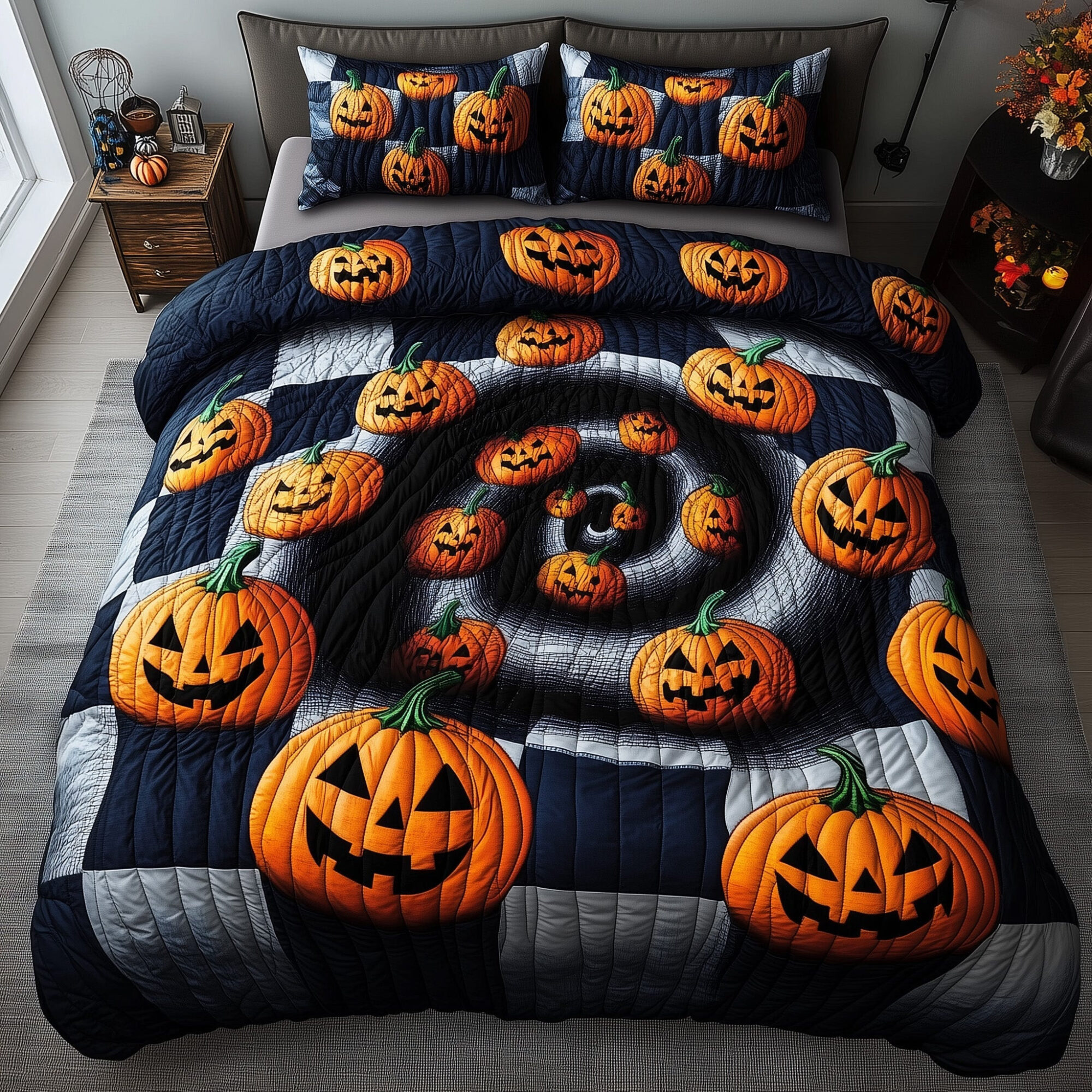 Spooky Illusion Quilted Bedding Set Jack-O-Lantern Spiral Decor Best Bedding Gifts