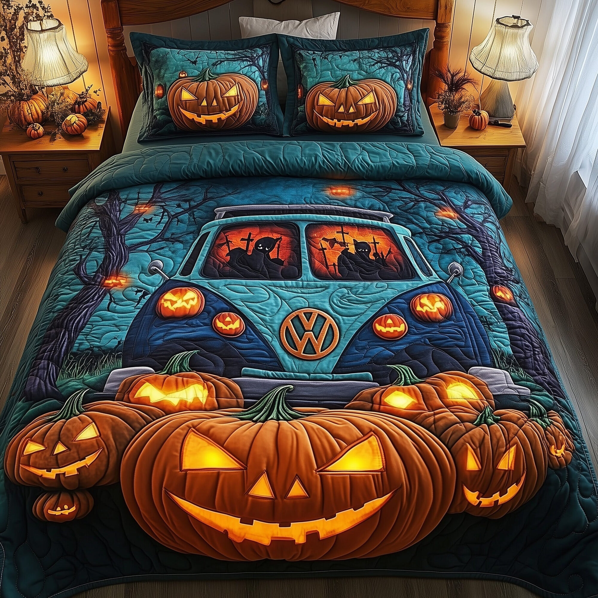 Spooky Ride Quilted Bedding Set Jack-O-Lantern Chilling Halloween Bedroom Gift Ideas