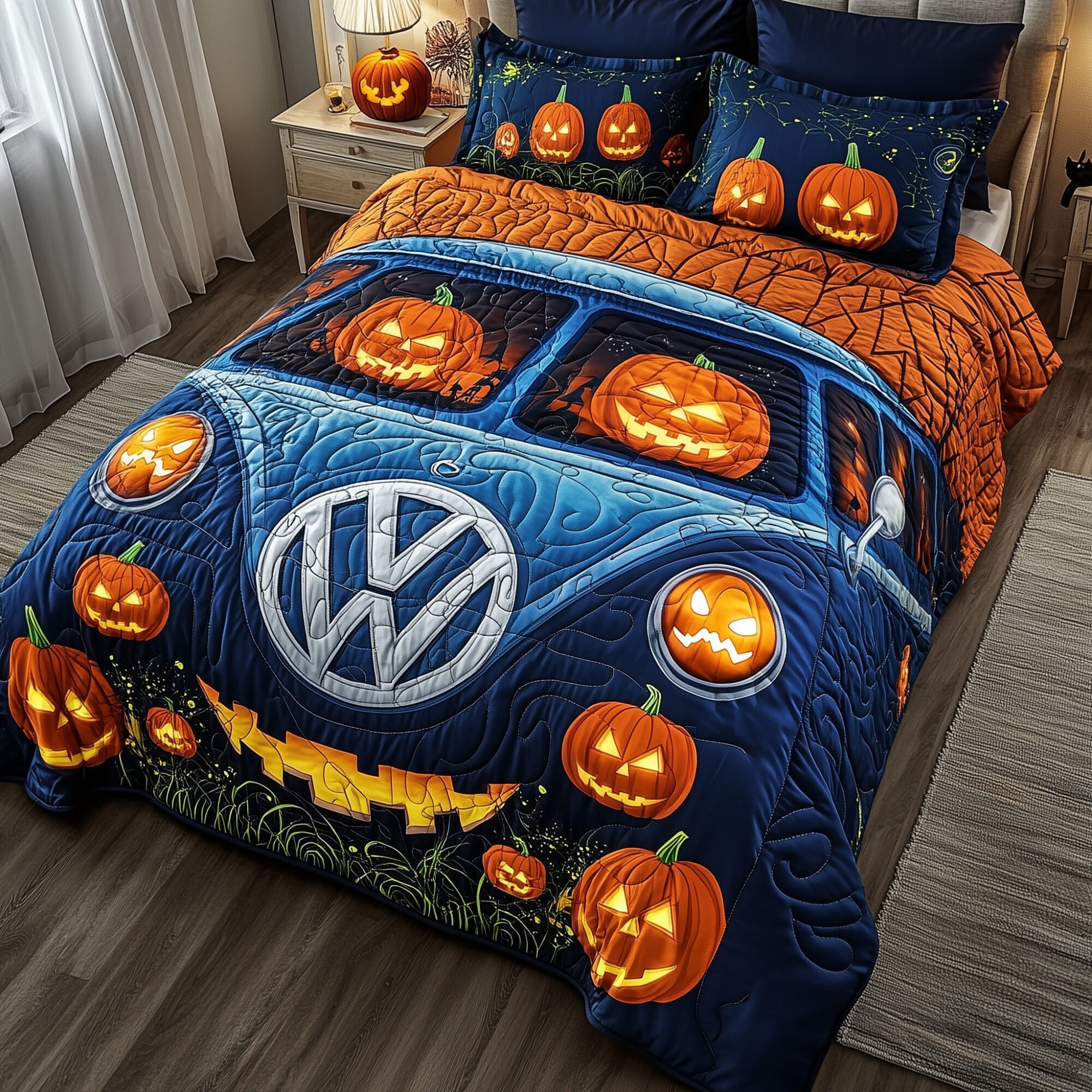 Spooky Ride Quilted Bedding Set Jack-O-Lantern Creepy Halloween Bedroom Gifts