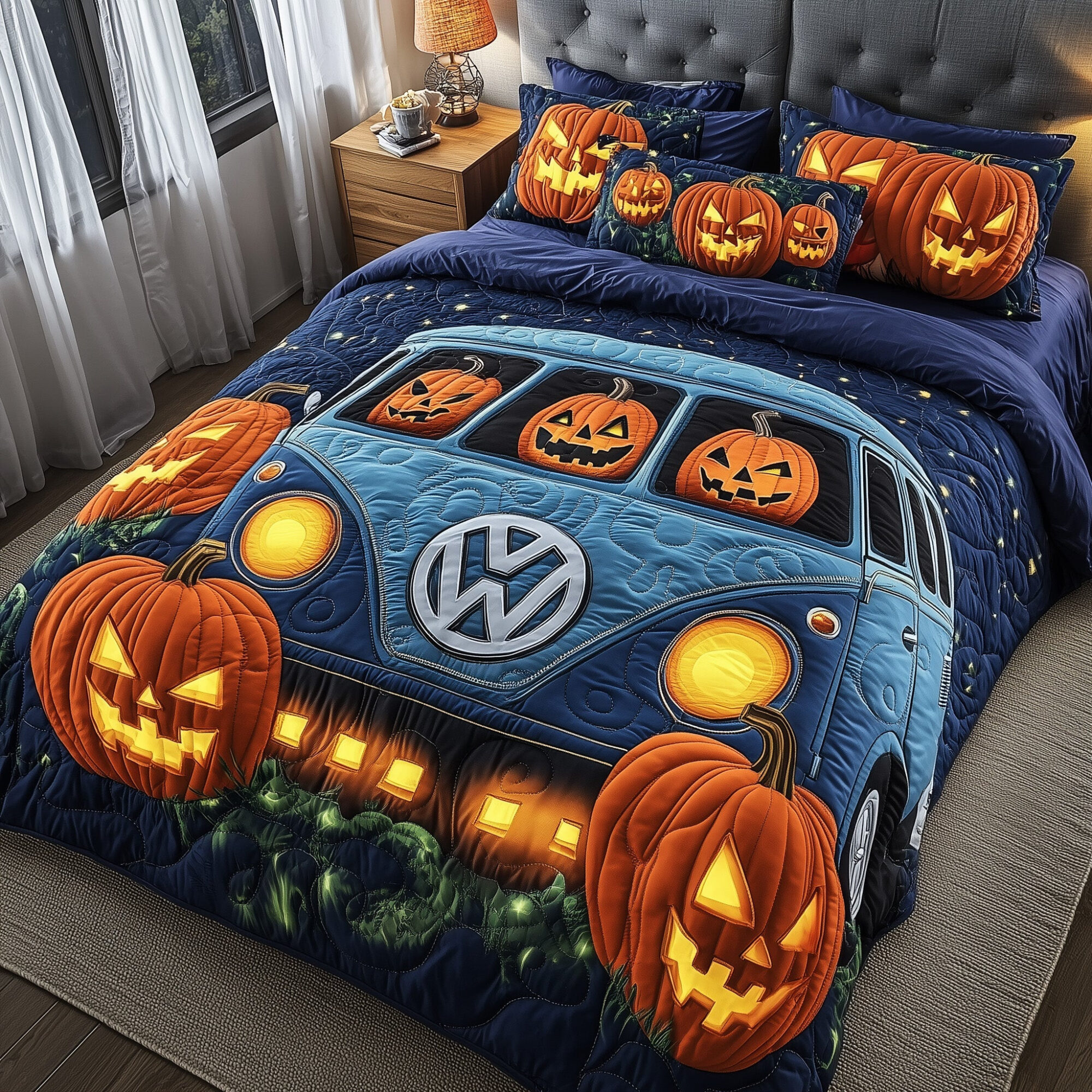 Spooky Ride Quilted Bedding Set Jack-O-Lantern Dark Fantasy Halloween Bedroom Gift Ideas