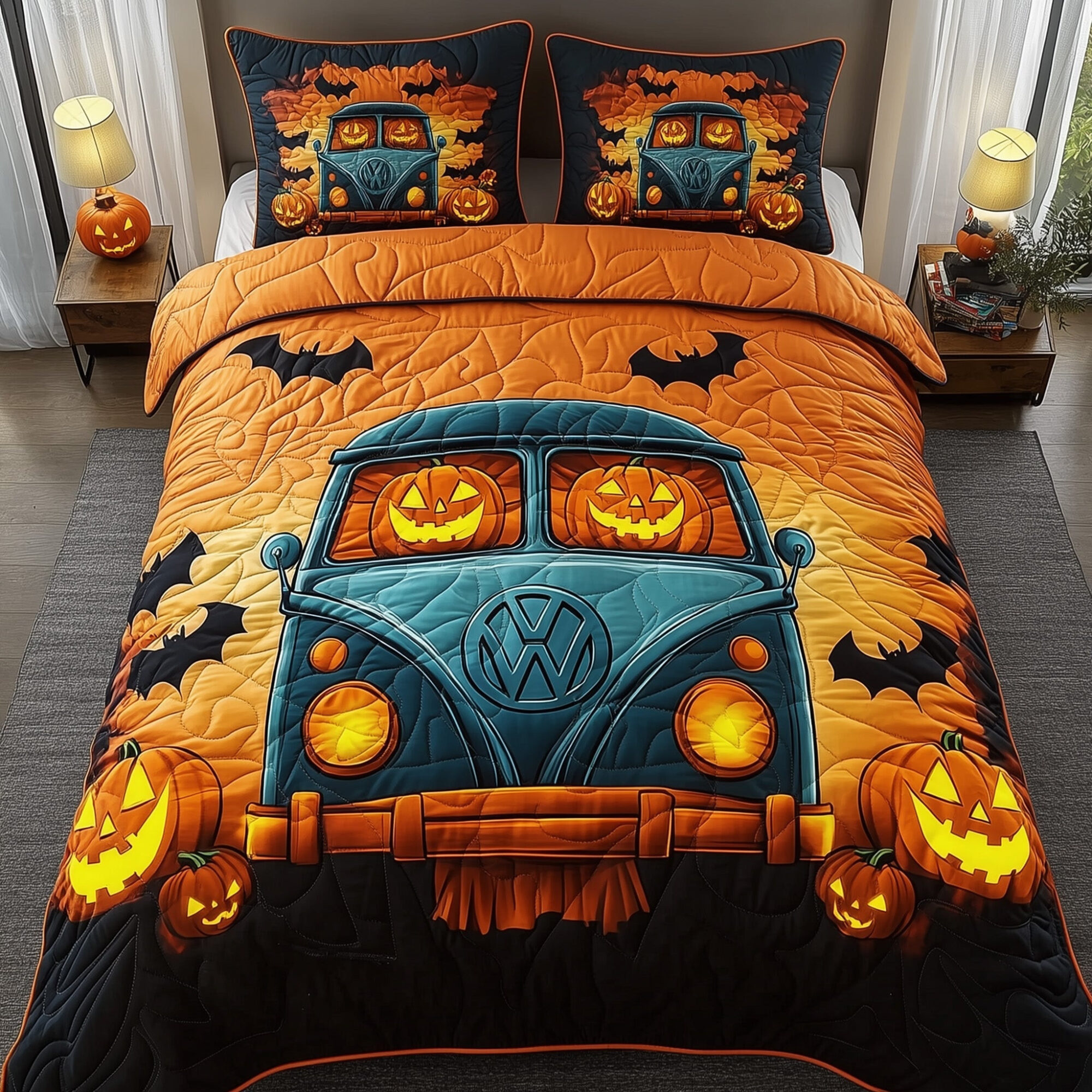 Spooky Ride Quilted Bedding Set Trick Or Treat Pumpkin Spooky Halloween Bedroom Gifts