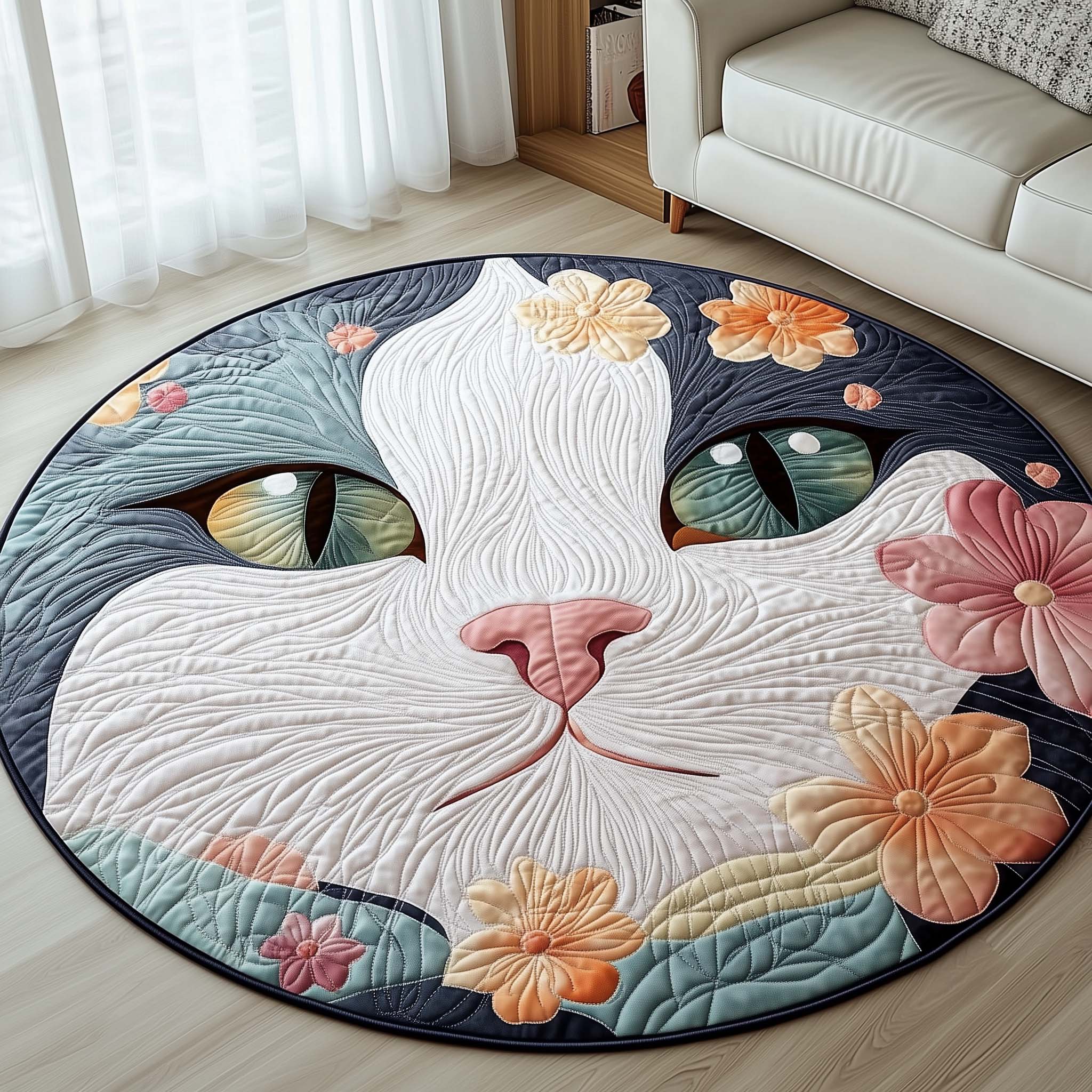 Spring Blossom Cat Quilted Round Mat Classic Quilted Round Mat for Timeless Decor