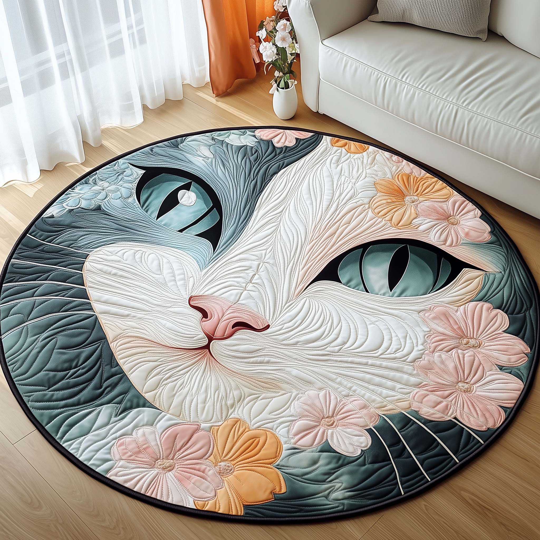 Spring Blossom Cat Quilted Round Mat Perfect Home Accessory Quilted Round Mat