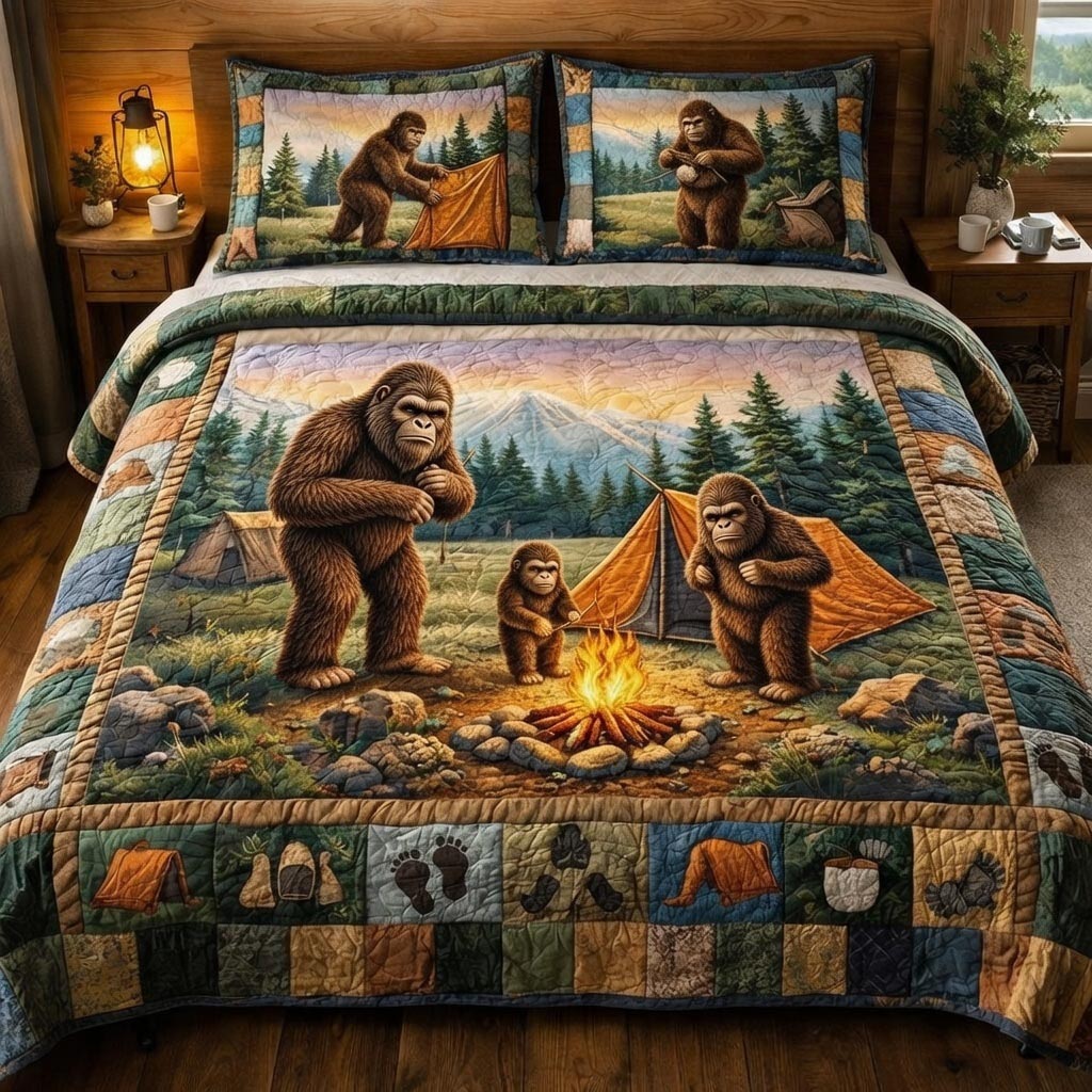 Squatch Camp Quilted Bedding Set Bed Room Decoration Gifts For Bigfoot Lovers