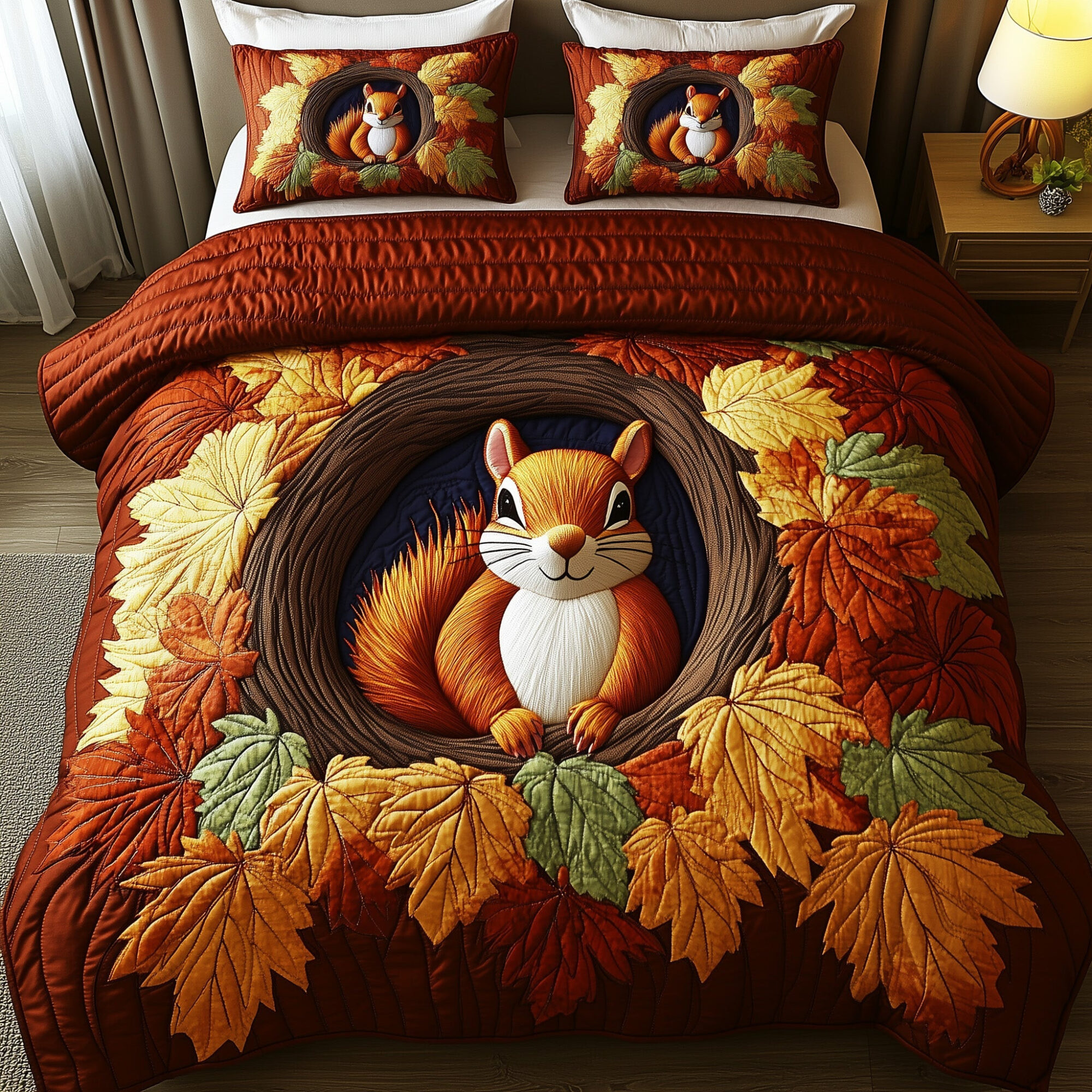 Squirrel Drey Quilted Bedding Set Cozy Autumn Vibes Best Maple Leafs Bedroom Gift Ideas