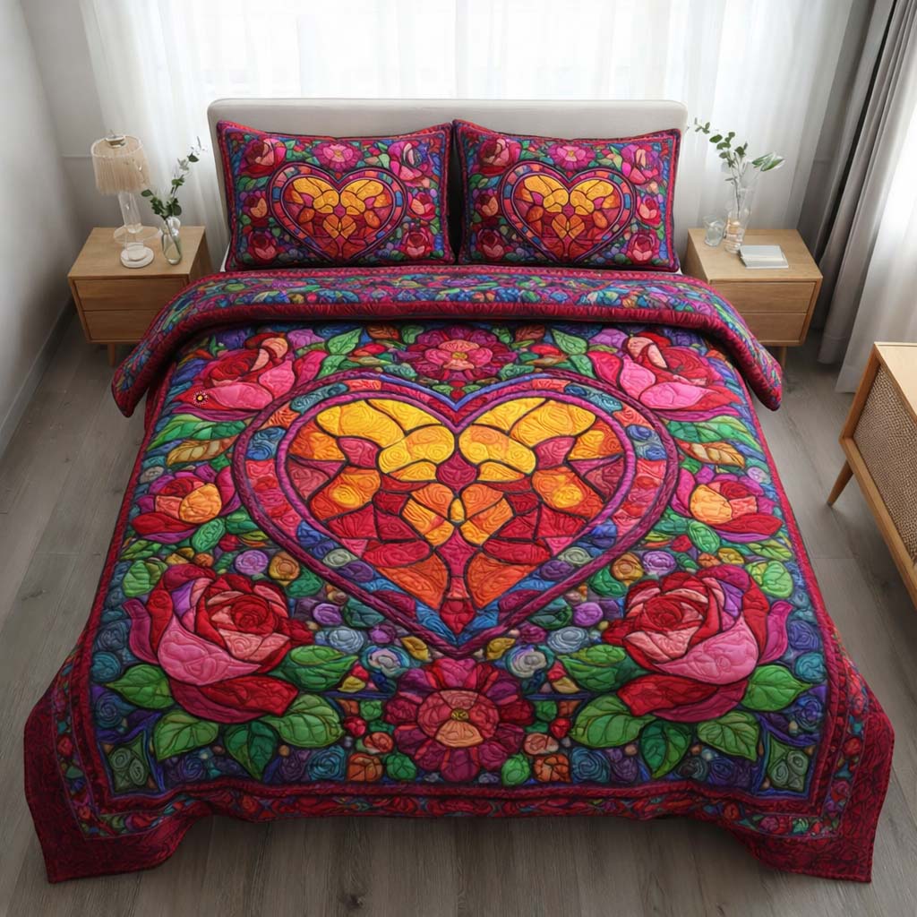 Stained Heart Quilted Bedding Set Best King Sheet Set Best Mothers Day Gift Ideas