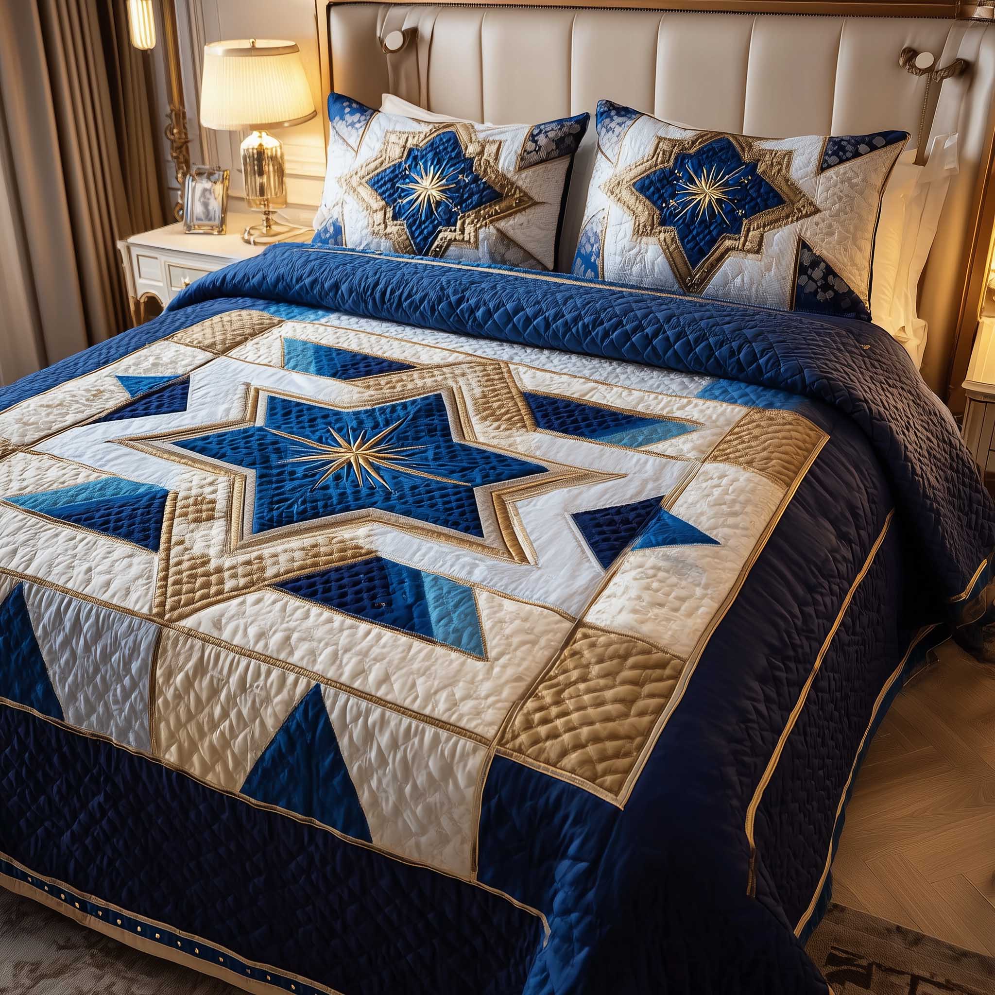 Star of David Quilted Bedding Set Boho Bedroom Ideas Jewish Gifts Holiday