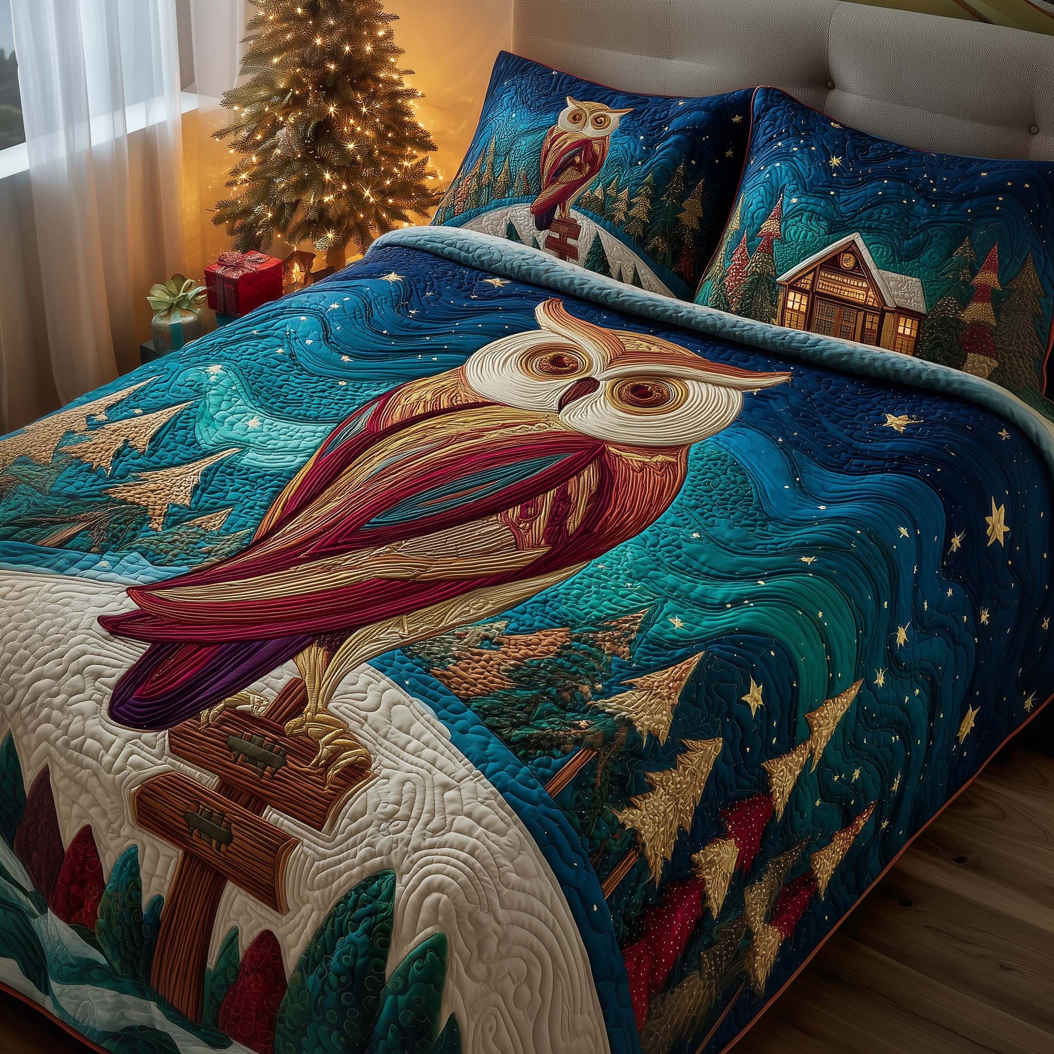 Starlit Owl Quilted Bedding Set Christmas Bedding King Great Best Gifts For Owl Lovers