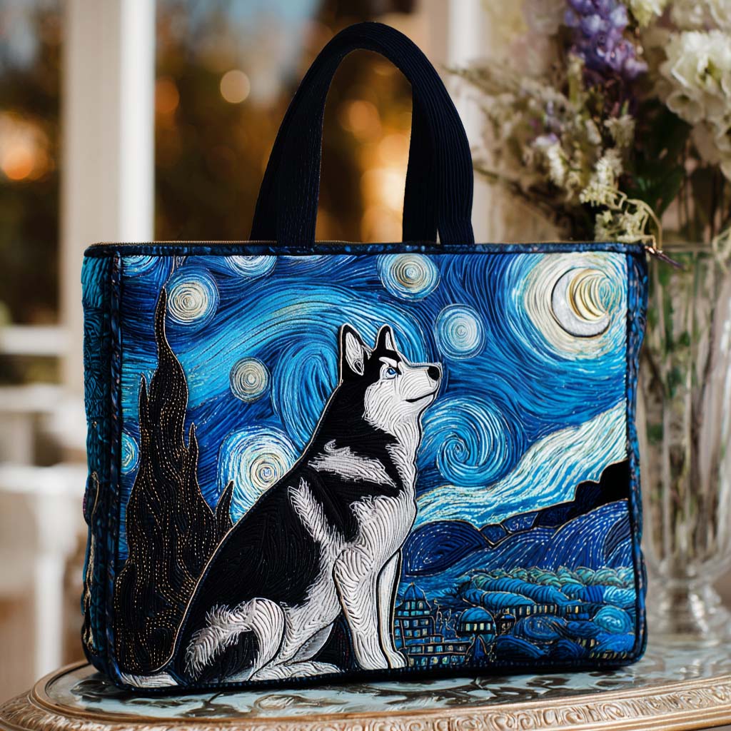 Starry Husky Quilted Tote Bag Popular Womens Tote Bags Siberian Husky Gifts For Dog Lovers