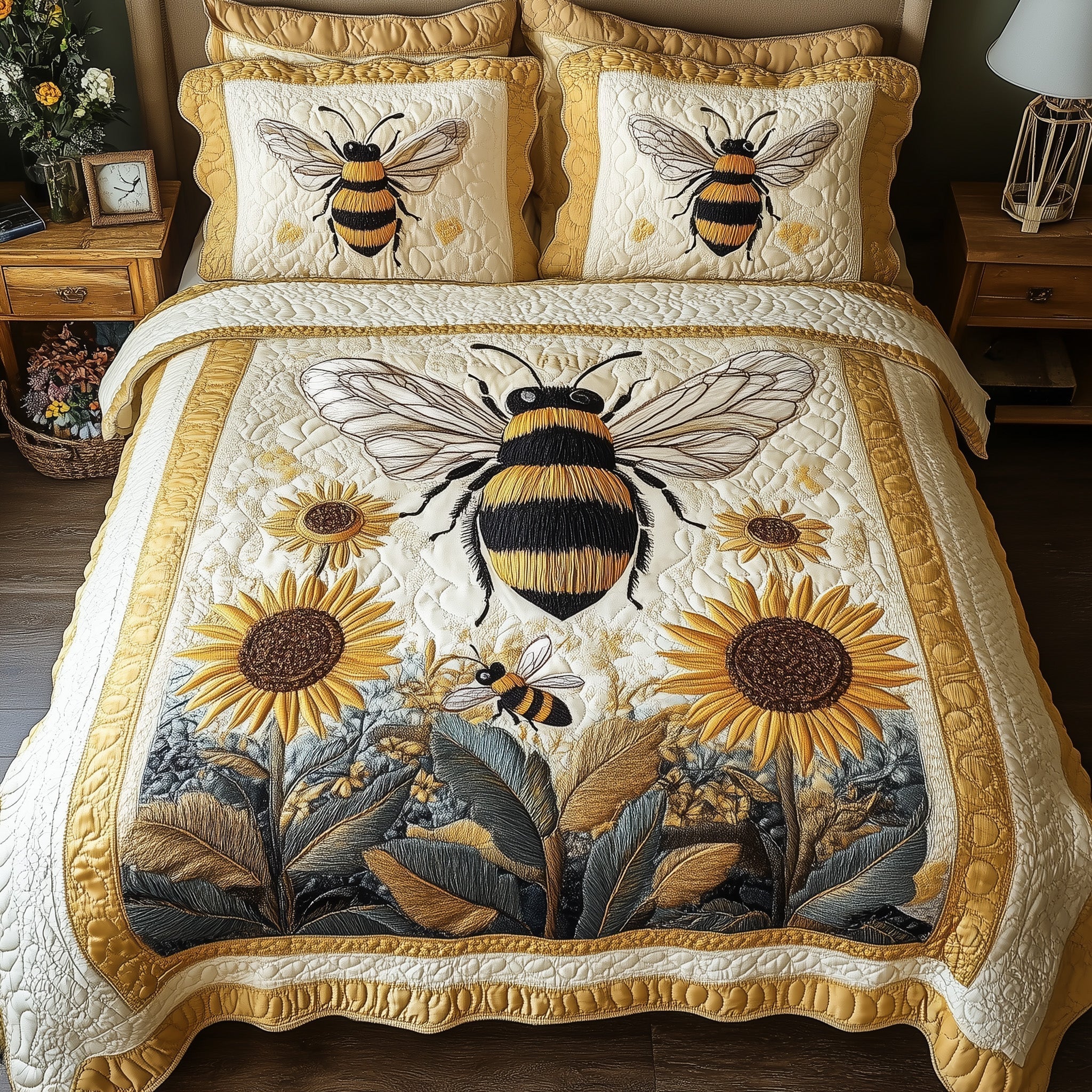 Sunflower Bee Quilted Bedding Set Unique Sheet Sets Presents For Bee Lovers