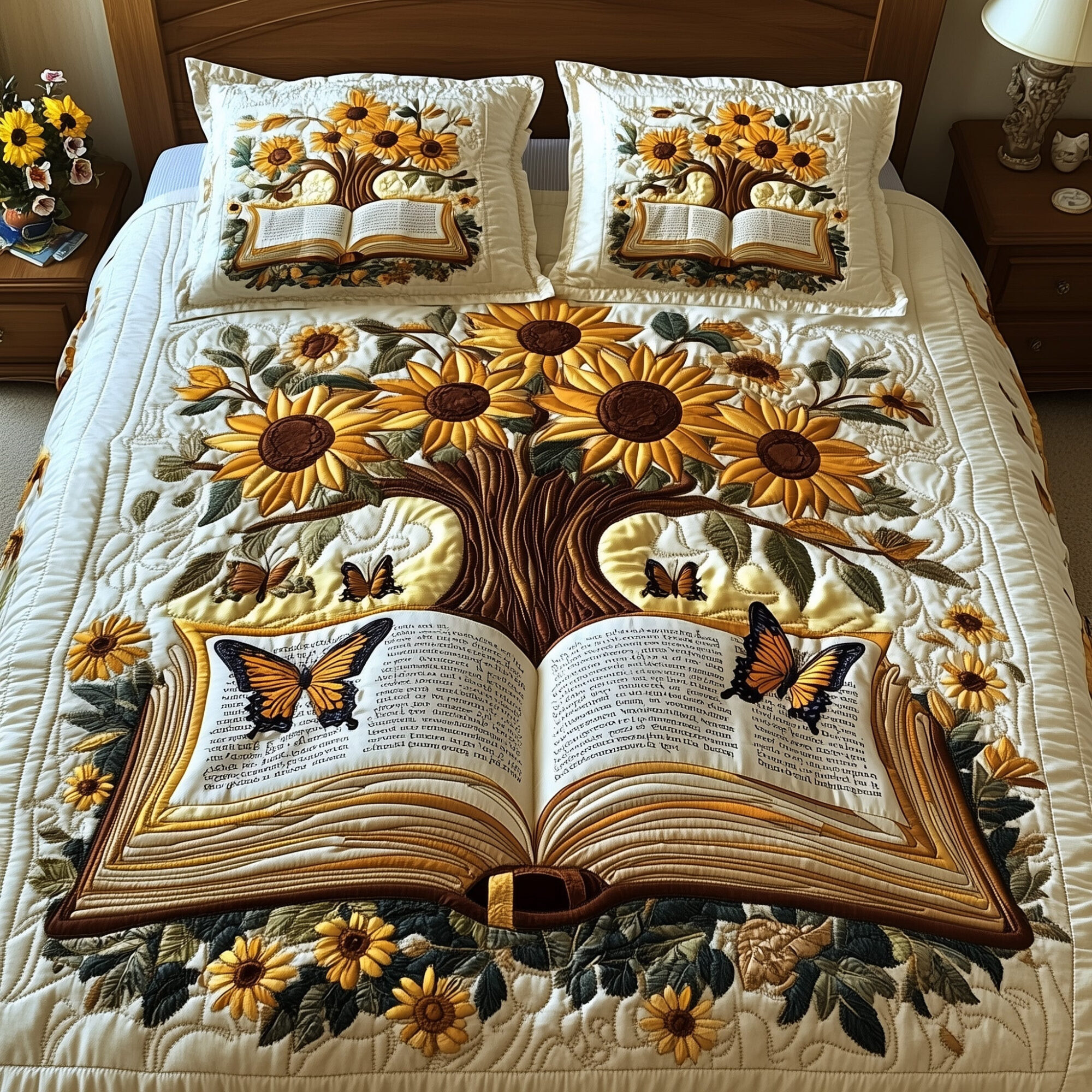 Sunflower Book Quilted Bedding Set Blooming Book Flower Themed Bedding Gifts