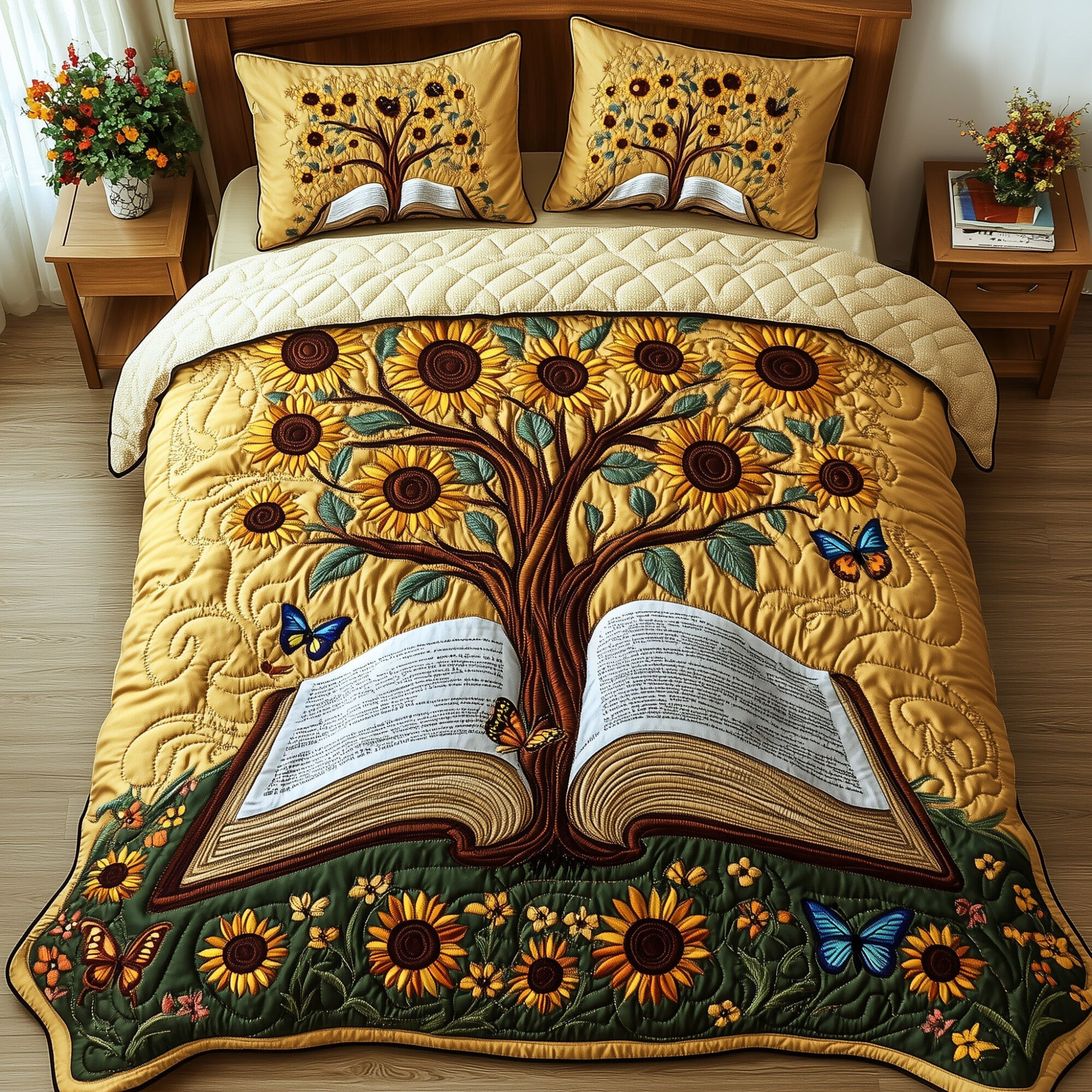Sunflower Book Quilted Bedding Set Blooming Book Flower Themed Bedding Presents