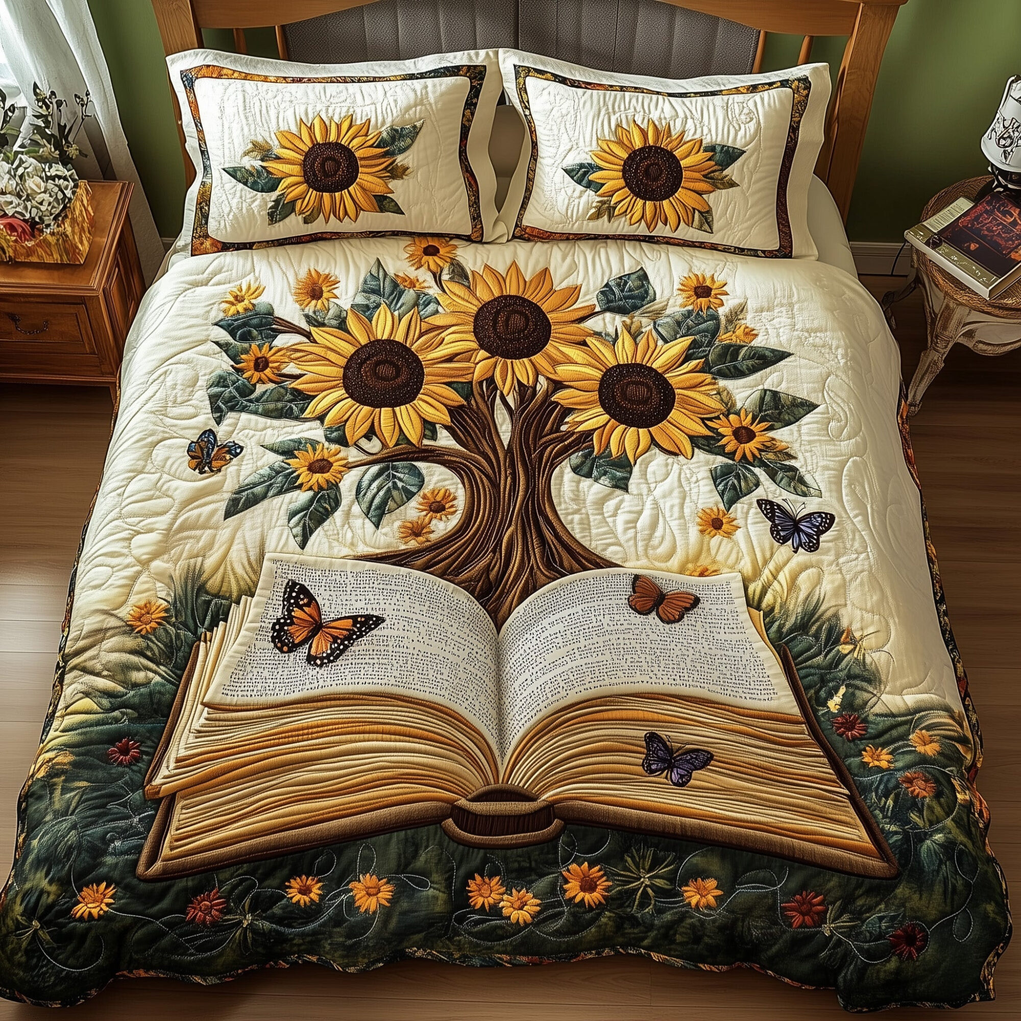 Sunflower Book Quilted Bedding Set Blooming Book Sunflower Design Bedding Gifts