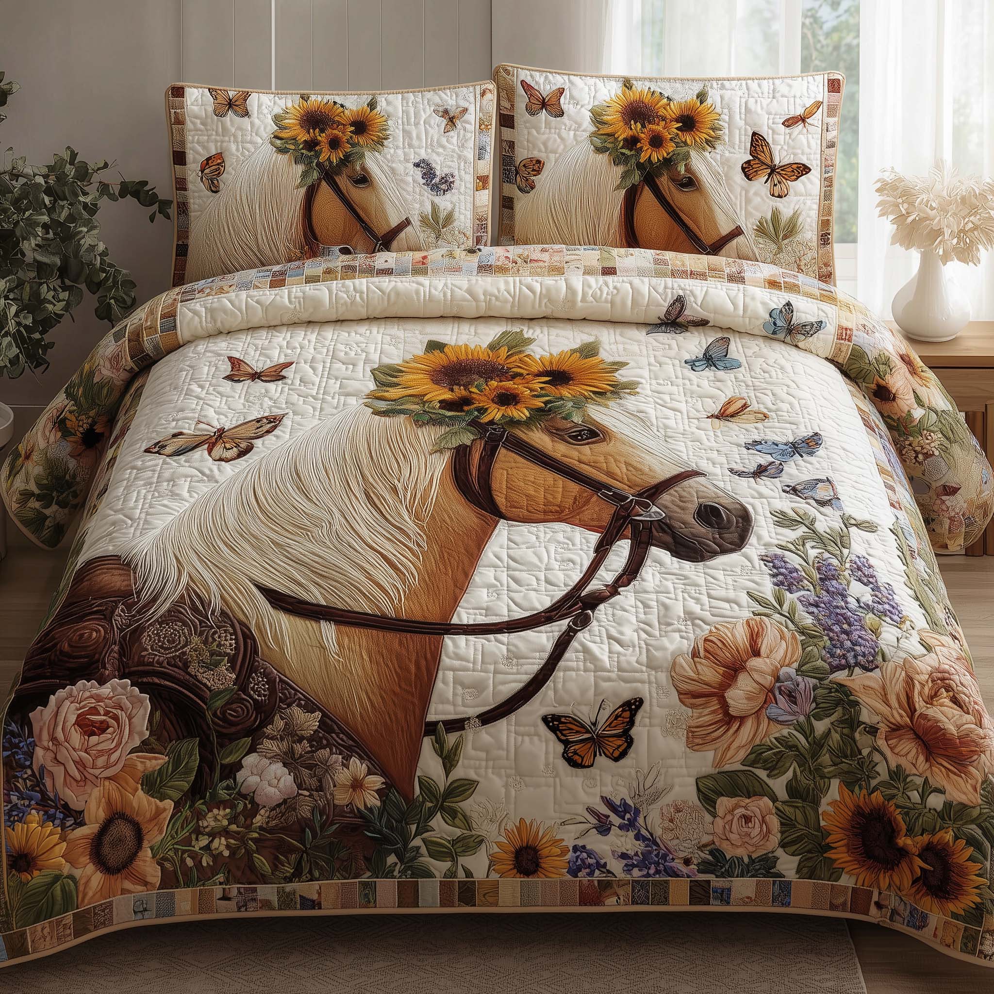 Sunflower Crown Horse Quilted Bedding Set Bedroom Decor Christmas Present Ideas For Horse Lover