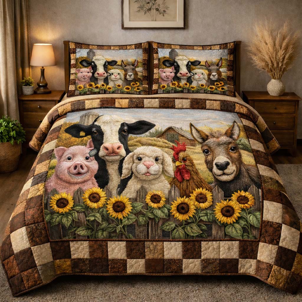 Sunflower Farm Family Quilted Bedding Set Over The Bed Decor Gift Ideas For Farmers