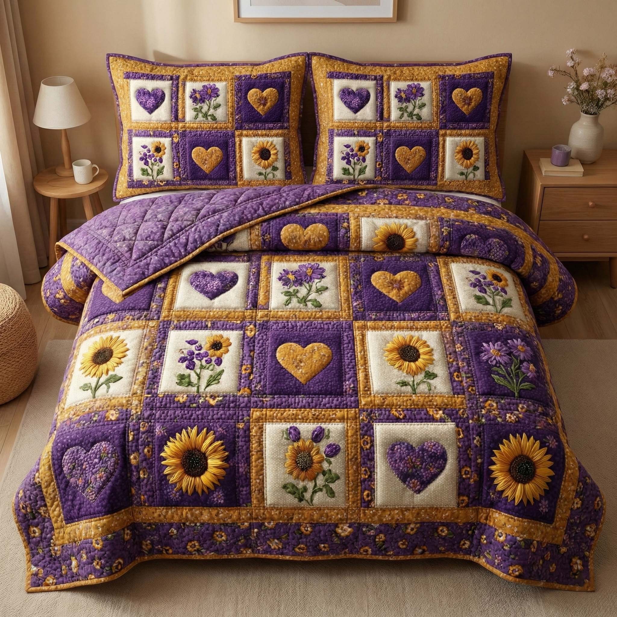 Sunflower Hearts Quilted Bedding Set Unique Sheet Sets Sunflower Gifts For Mom