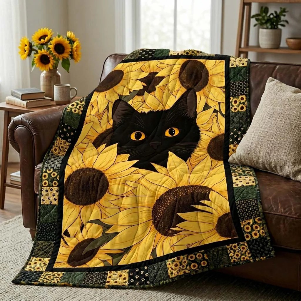 Sunflower Kitten Quilted Blanket House Decor Ideas Best Gifts For Daughter