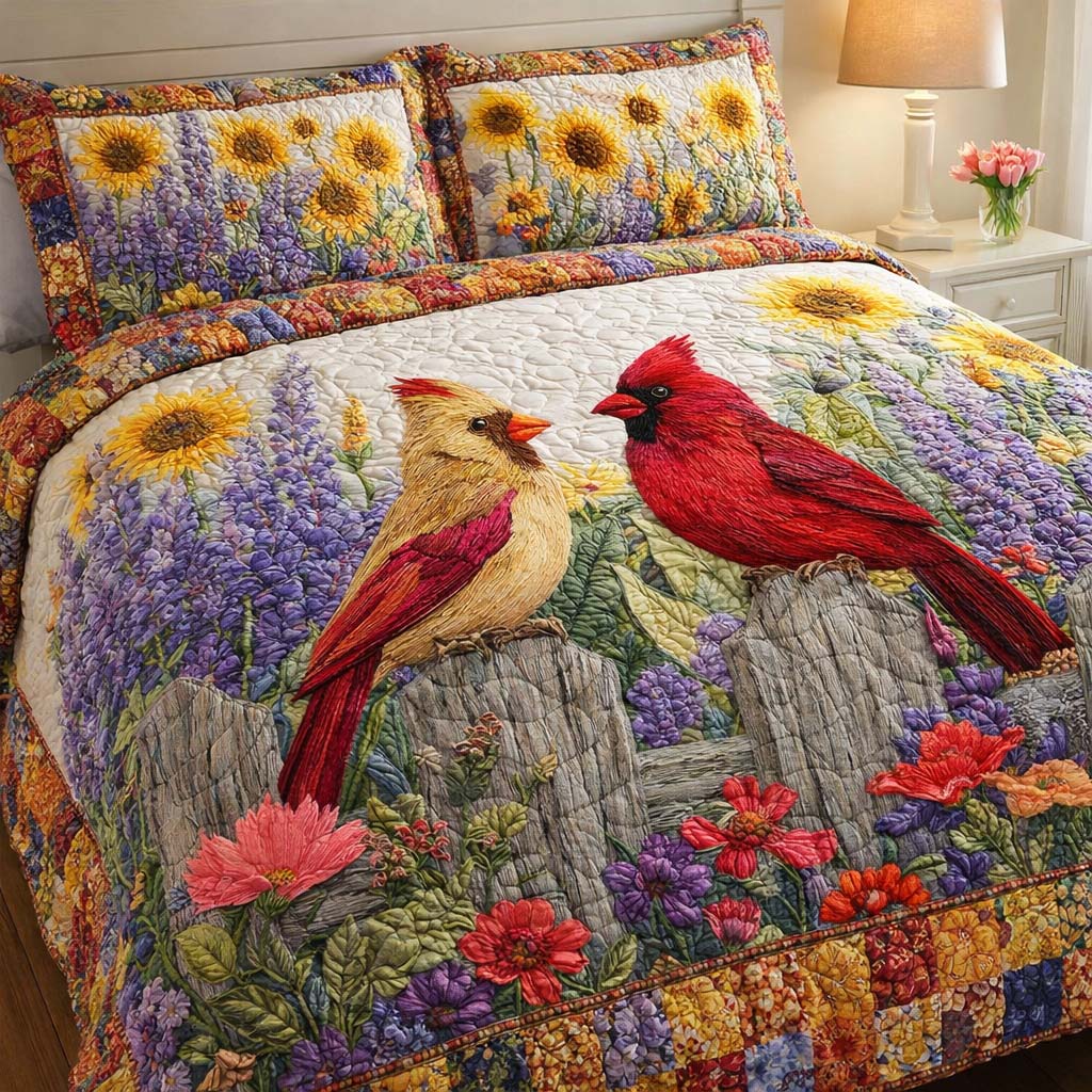 Sunlit Cardinal Meadow Quilted Bedding Set Great Bed Sets Gifts For Cardinal Lovers