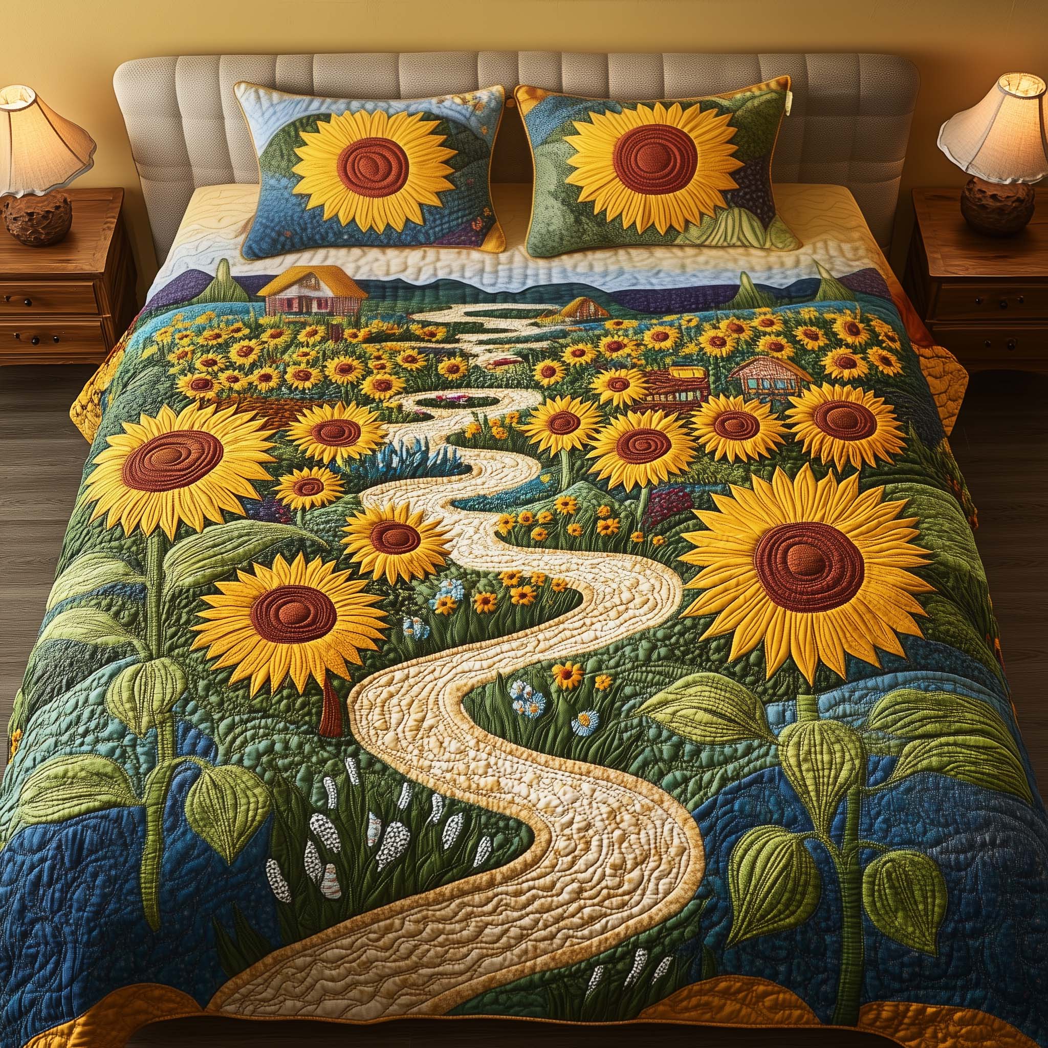 Sunny Path Quilted Bedding Set Best King Size Sheets Sunflower Gifts For Her