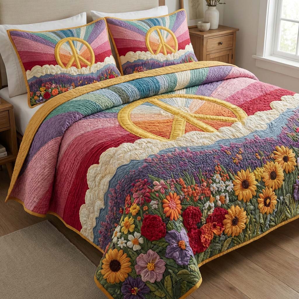 Sunrise Unity Quilted Bedding Set Best Bedding Sets Gifts For Hippie Friends